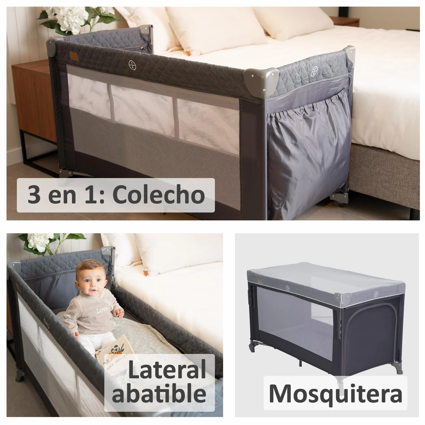 Cuna de Viaje Colecho 3 en 1 Trend Cun con Mosquitera 0-3 años (0-15kg) Plegable, Doble Altura, Lateral Abatible, Parque de Juegos, Bolsa de Transporte Gris Claro
