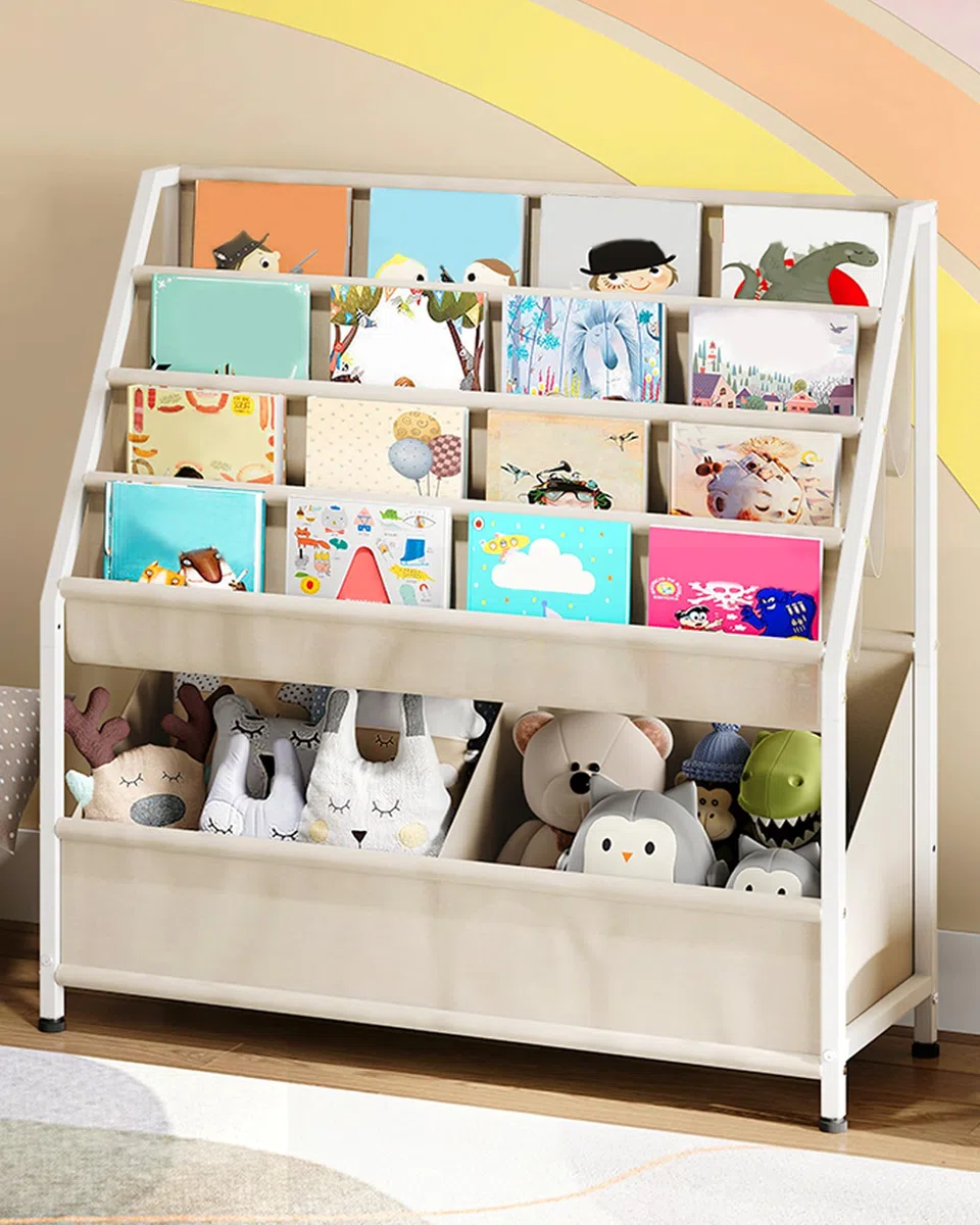 CHOEZON Estantería Infantil de 4 Estantes en Tela Oxford, Libería Organizador de Juguetes, Organizador de Revistas y Libros de Gran Capacidad para Niños de 3 a 8 Años, Beige DTCW09WM
