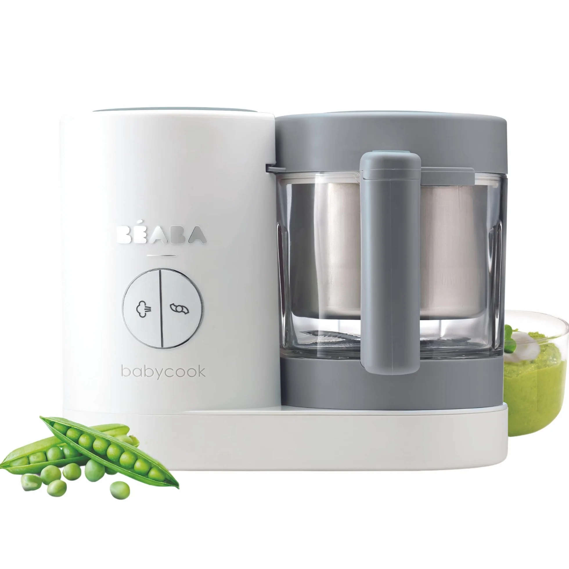BÉABA Babycook Neo, Robot de cocina infantil, tritura, cocina y cuece al vapor, Rápido en 15 minutos, Recipiente de vidrio y cesta de acero inoxidable, Para Bebés y Niños, Gris/Blanco