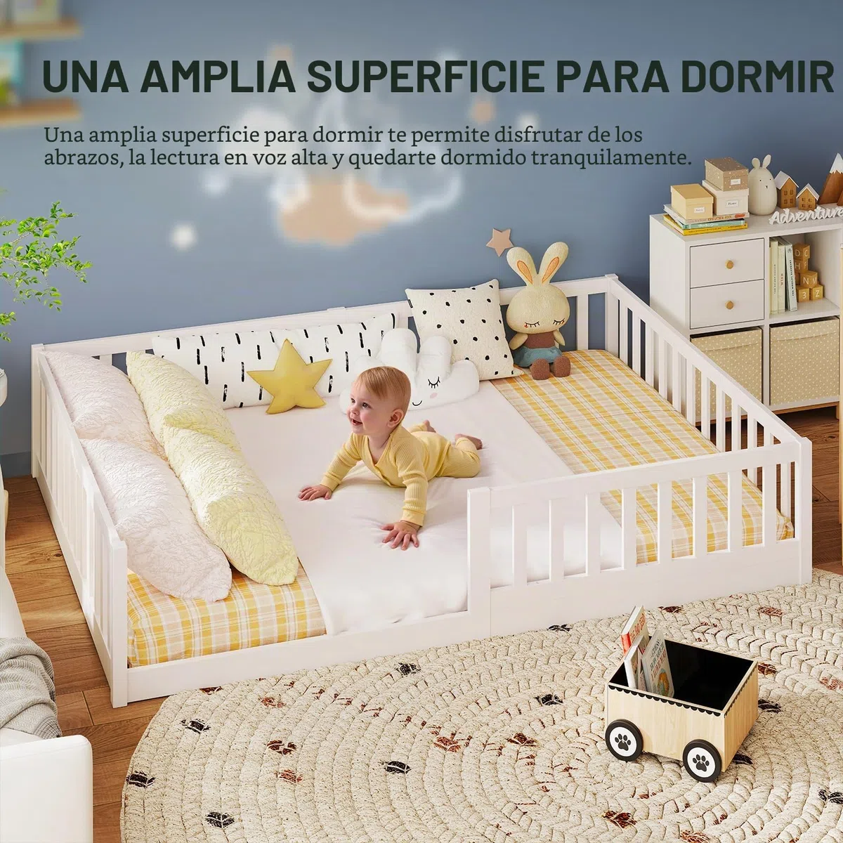 labebe Cama baja para niños 140 x 200, cama Montessori de madera maciza blanca con barandillas de seguridad y somier (colchón no incluido) Adecuada para niños y bebés