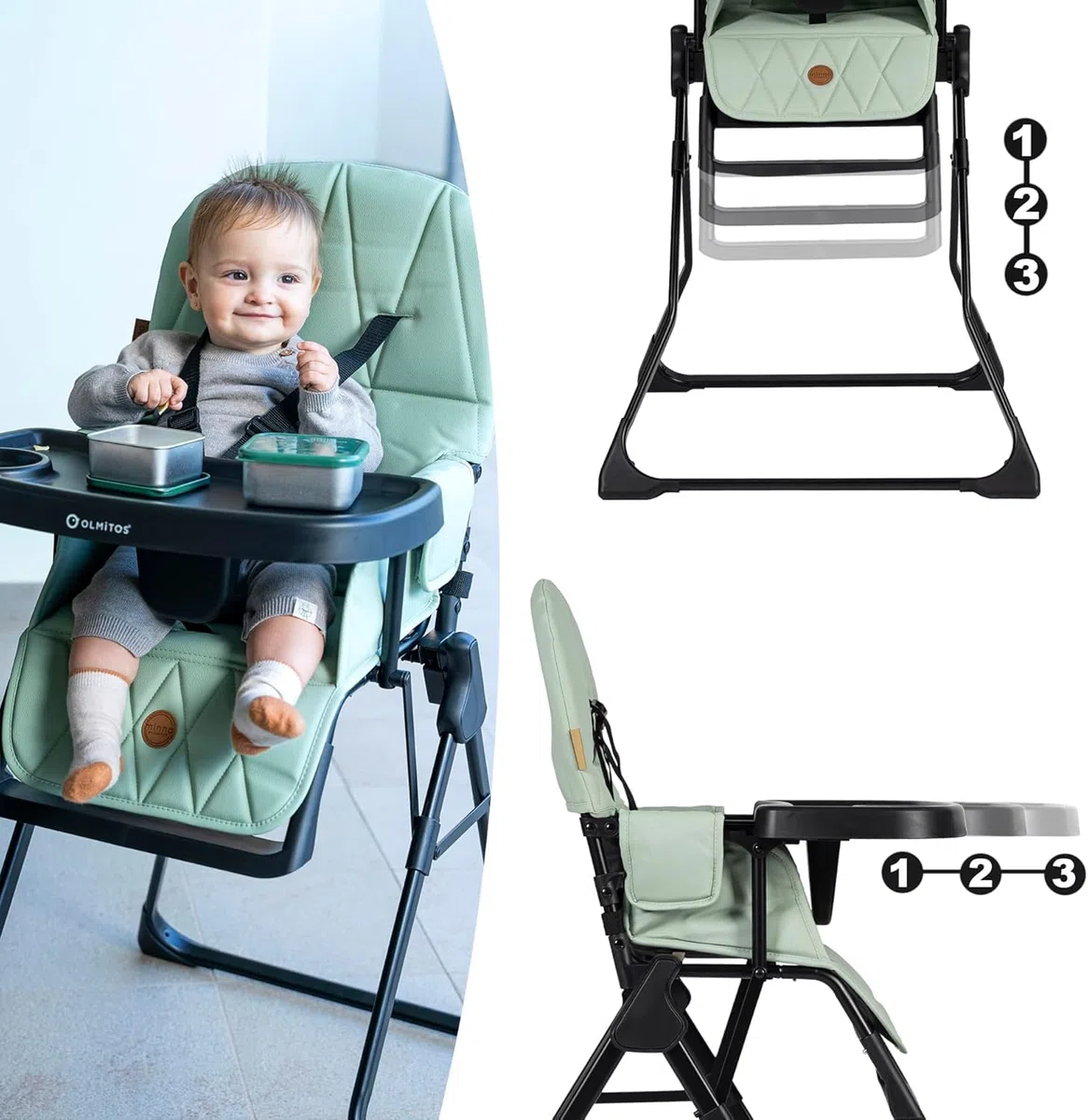 Olmitos – Trona para Bebé Plegable Ligera y Ultracompacta MINNA – Trona portátil de viaje 4.9kg ergonómica con Funda Acolchada de 6 meses a 3 años - reposapiés ajustable y Arnés 5 Puntos, Verde