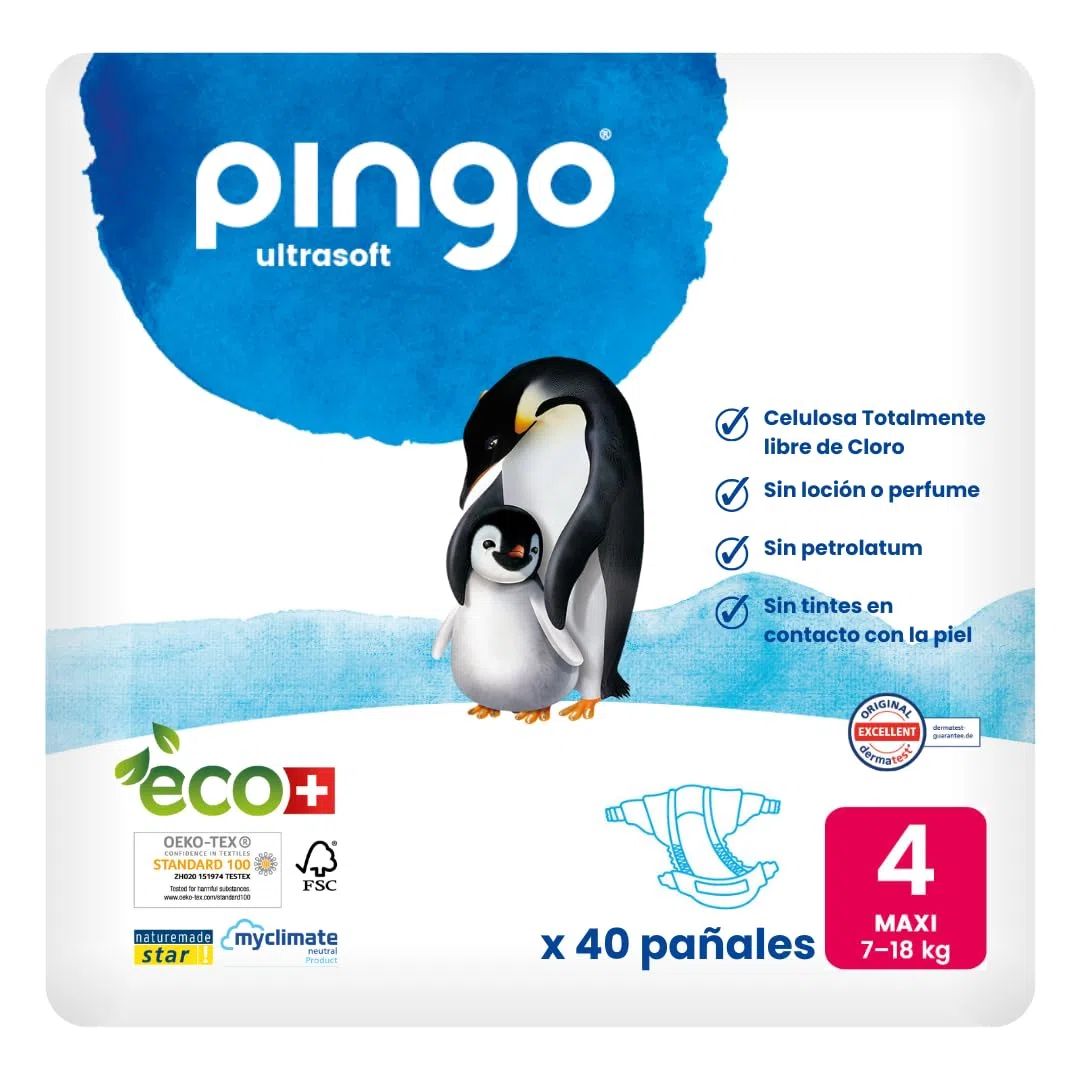 Pingo Pañales Ecológicos Talla 4 Maxi (7-18 kg), 1 bolsa de 40 pañales