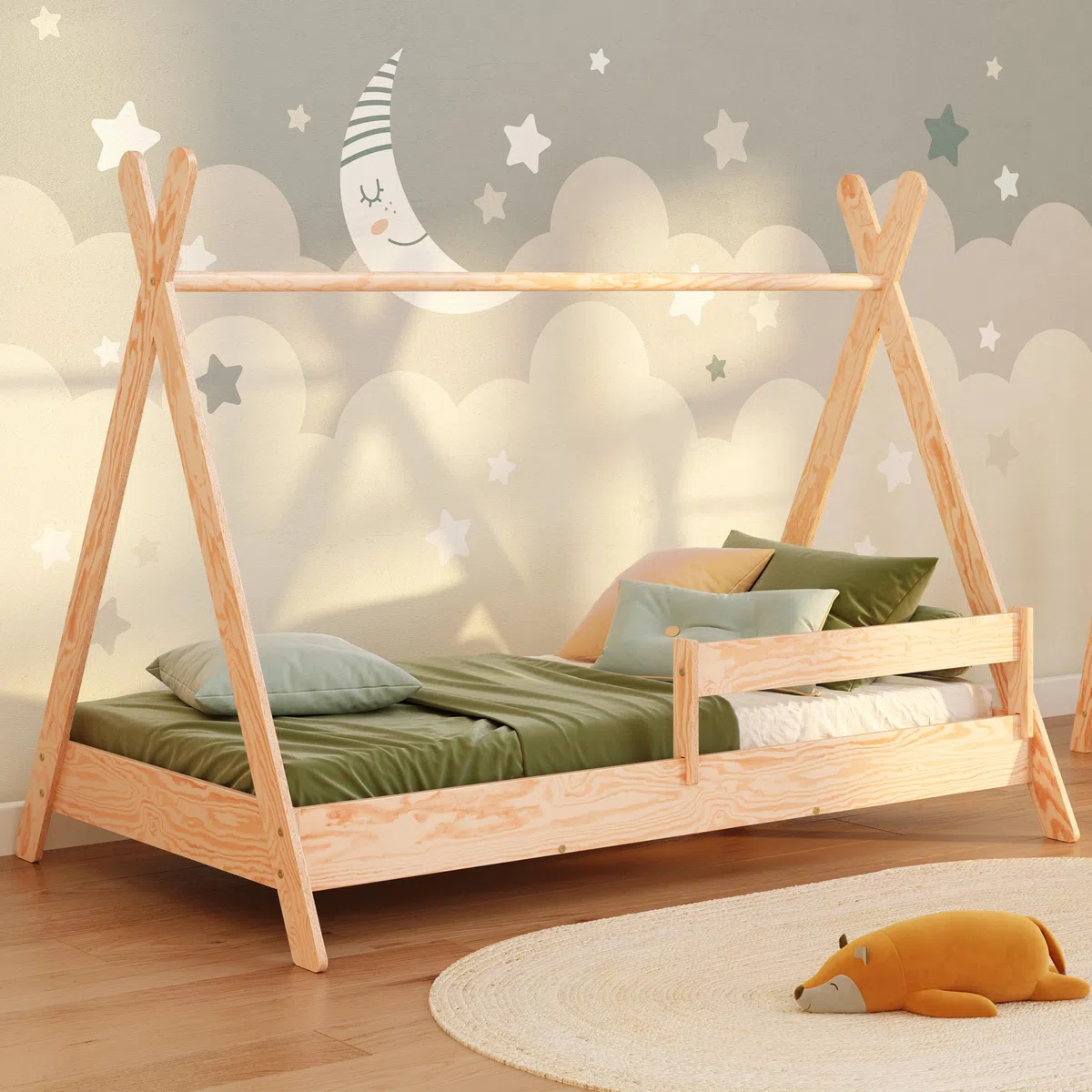 smartwood Cama Casita 80x160 cm - Cama Infantil Tipi de Madera de Pino FSC con Barandilla Anti-caídas y Somier de Lamas hasta 230 kg - para Niño y Niña - Montaje Fácil