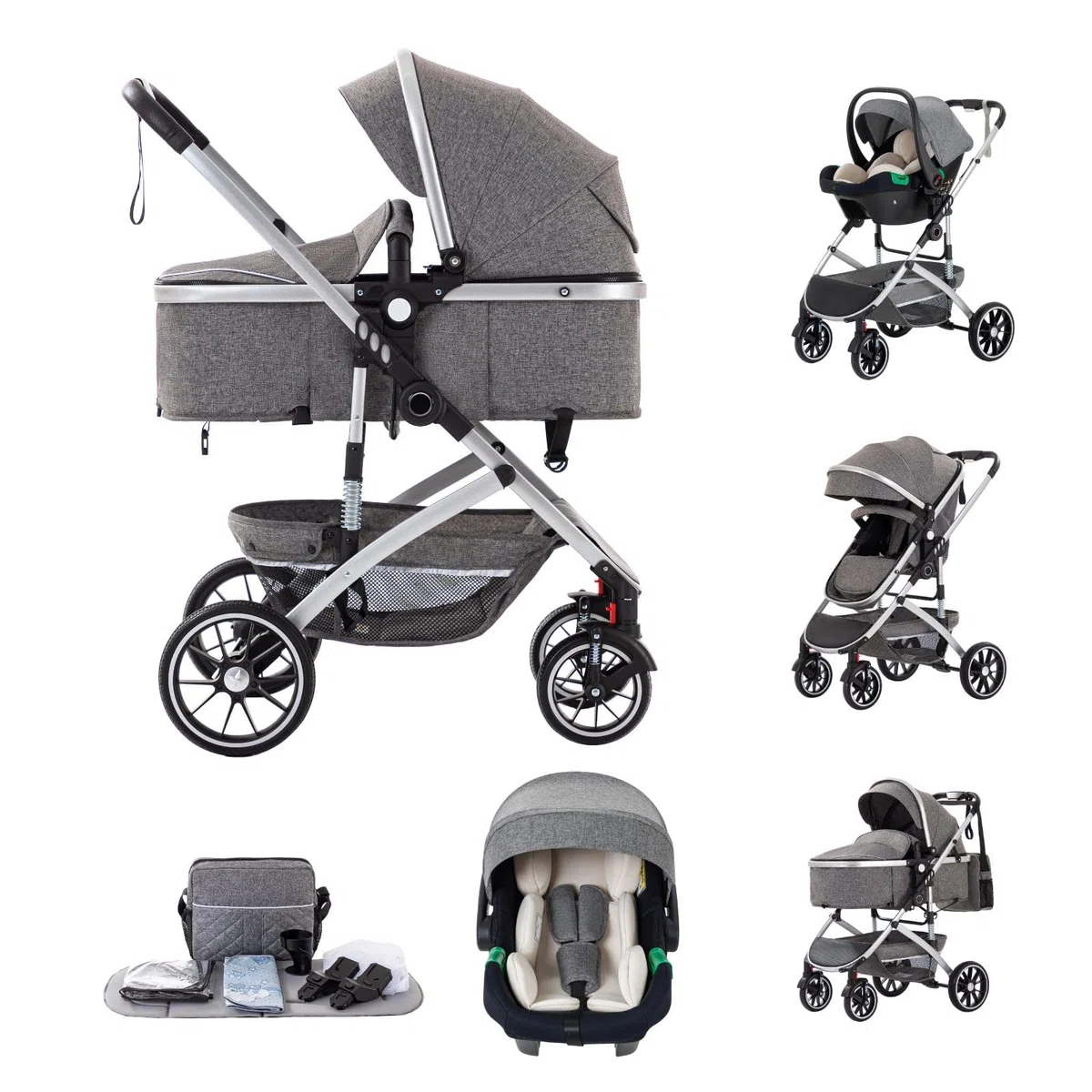 3 en 1 Cochecito de Bebé, Sistema de Viaje, Carrito Bebé Plegable con Un Solo Clic, Silla de Paseo, Capazo y Asiento de Cochecito con Mosquitera, Silla de Coche Alto para Recién Nacido 0-4Años