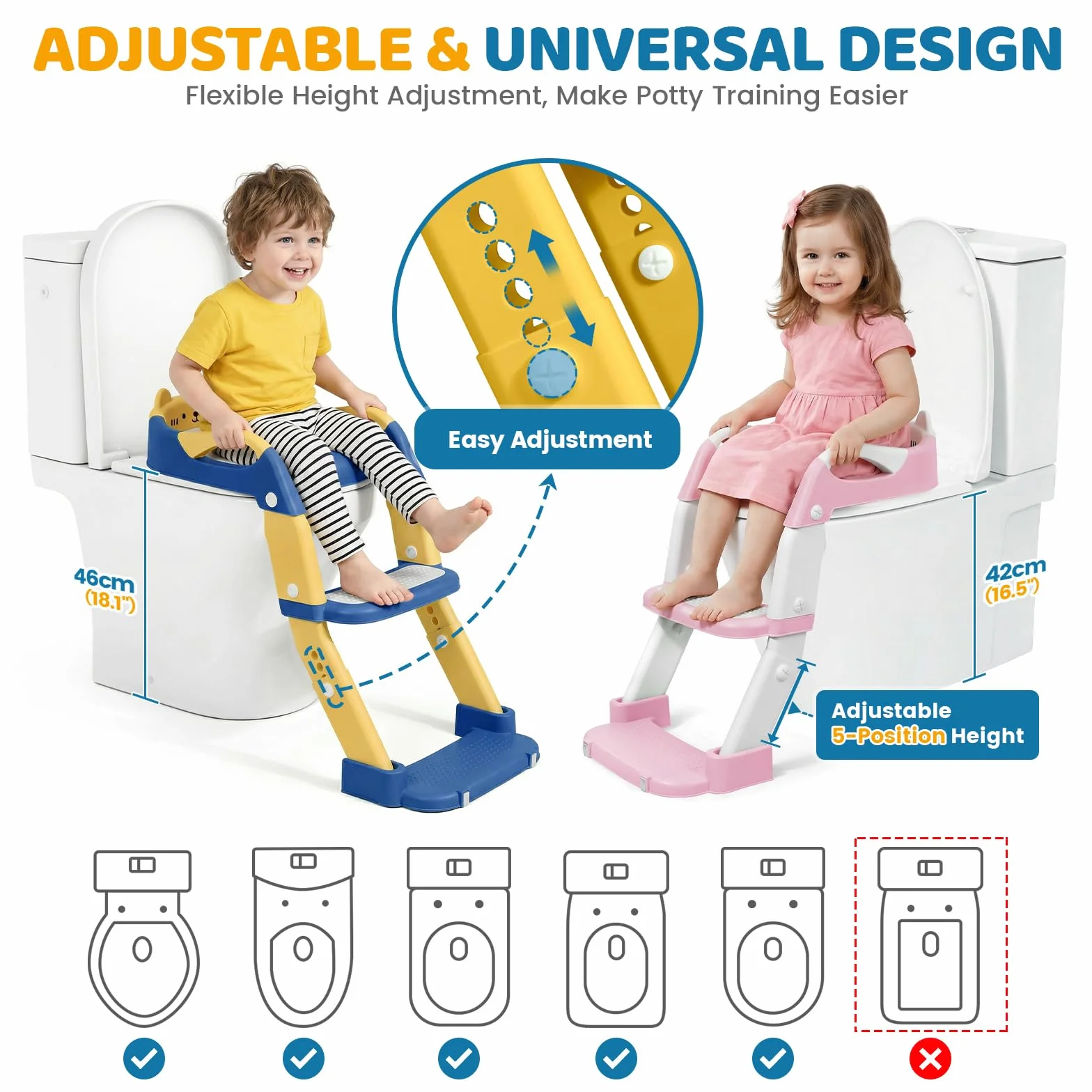 Orzbow Adaptador Wc Niños con Escalera, 2 en 1 Reductor Wc Niños, Orinal Portatil, Altura ajustable, Pedal Extensible y Cojín de PVC, Antideslizante y Ligero, Azul Amarillento