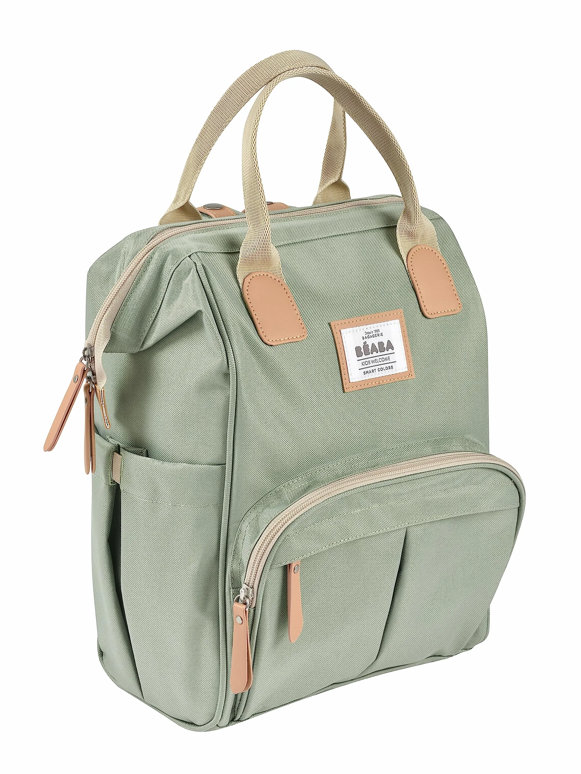 BÉABA, Mochila Cambiador Bebé, Gran Capacidad de Almacenaje, Múltiples Bolsillos, Cambiador Incluido, Gran Apertura, Bolsillos Aislantes, Bolsa de Viaje Multifuncional, Bolsa Wellington, Verde Salvia