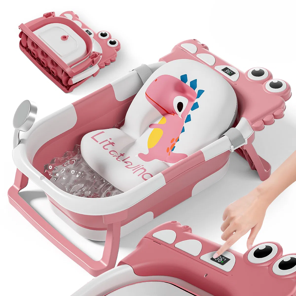 Bañera Plegable Bebé Con Cojín De Baño Antideslizante - Bañera Bebe Plegable Con Termómetro - Asiento bañera Bebe - Desde El Nacimiento Hasta Los 3 Años - Regalos De Nacimiento (ROSA, DINO)