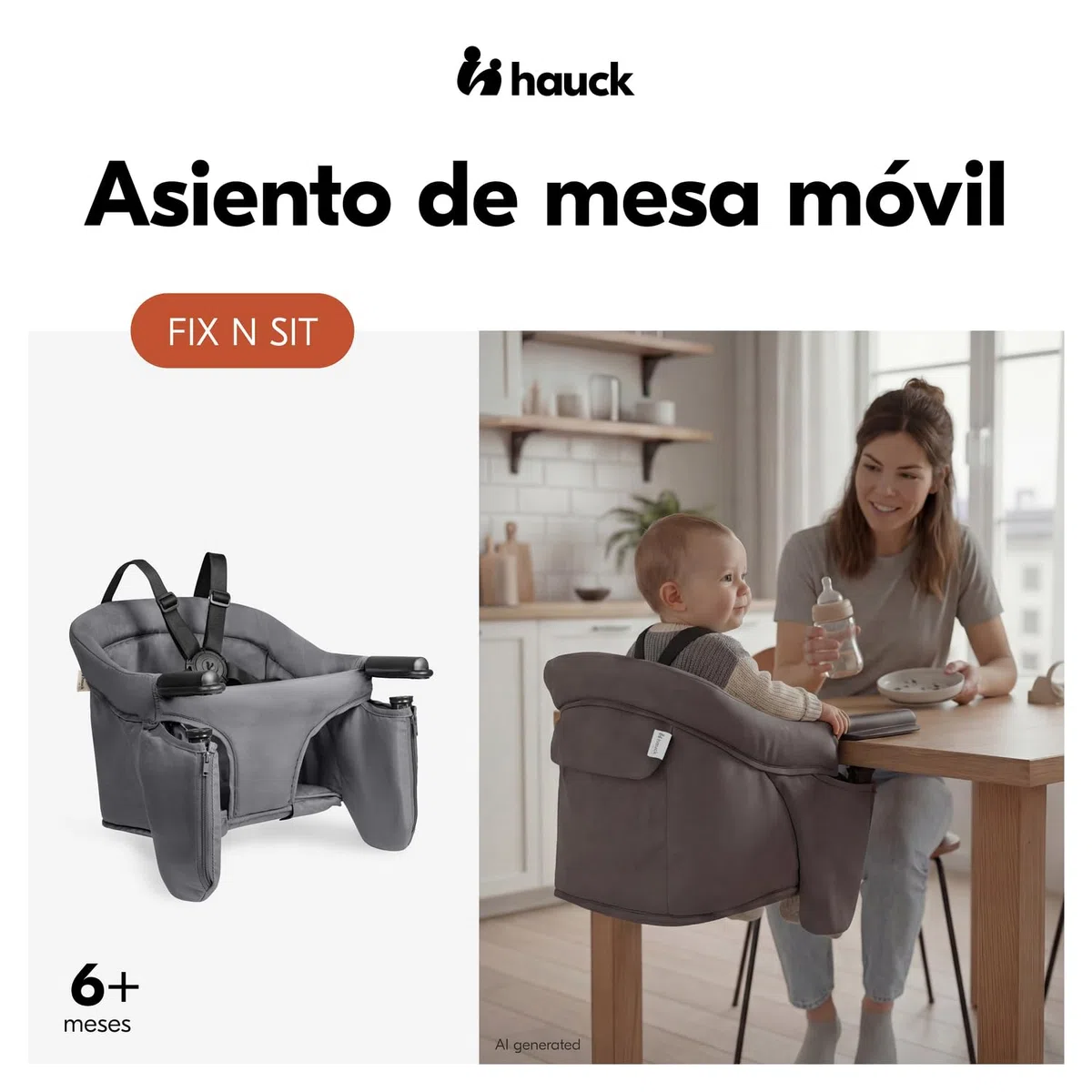 hauck Fix N Sit Silla de Mesa Bebé | Trona de Viaje Plegable con Arnés de 5 Puntos desde 6 Meses hasta 15 kg - Fijación Segura - Bolsa de Transporte - Ligera y Compacta - Ideal para Viajar - Gris