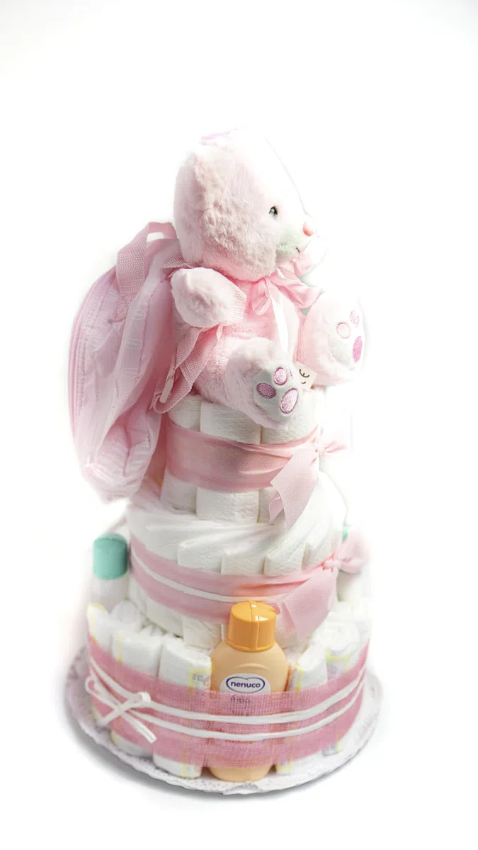 Tarta De Pañales con Neceser 3 Pisos Niña y Niño con Accesorios - Regalo Original para recién nacido padres primerizos - Regalo para Bebé - Supermolón (Niña)