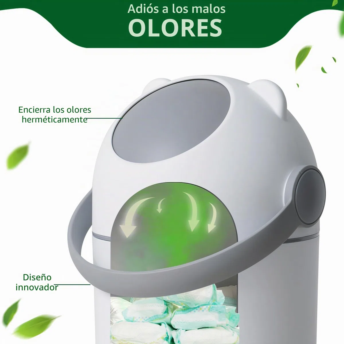 Cubo de pañales con protección contra olores, 12 l, manejo con una sola mano, bolsa universal, diseño de oso n2, color blanco y gris