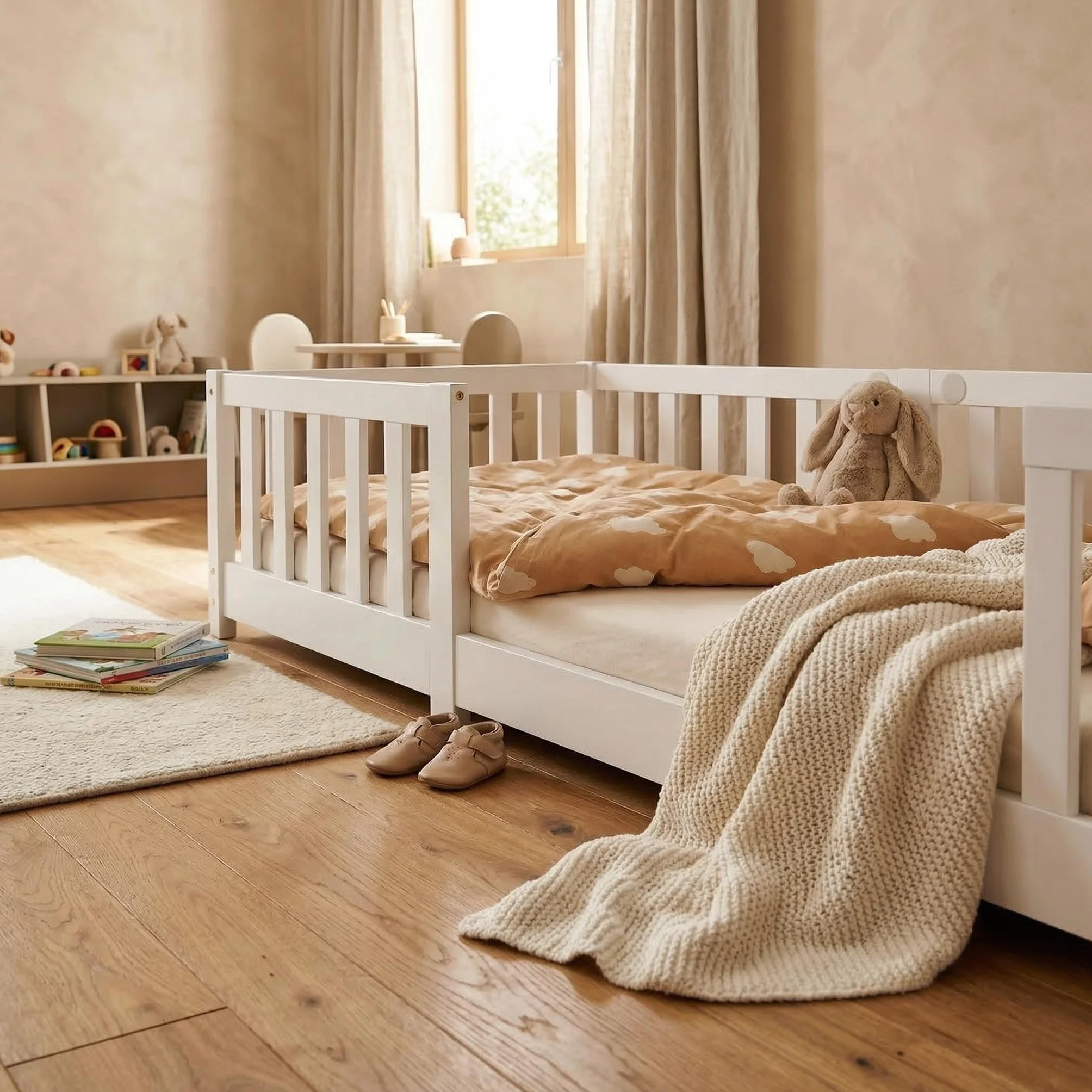 ecomi® Cama para niños 90x200 con protección contra caídas y somier, madera maciza de pino blanco