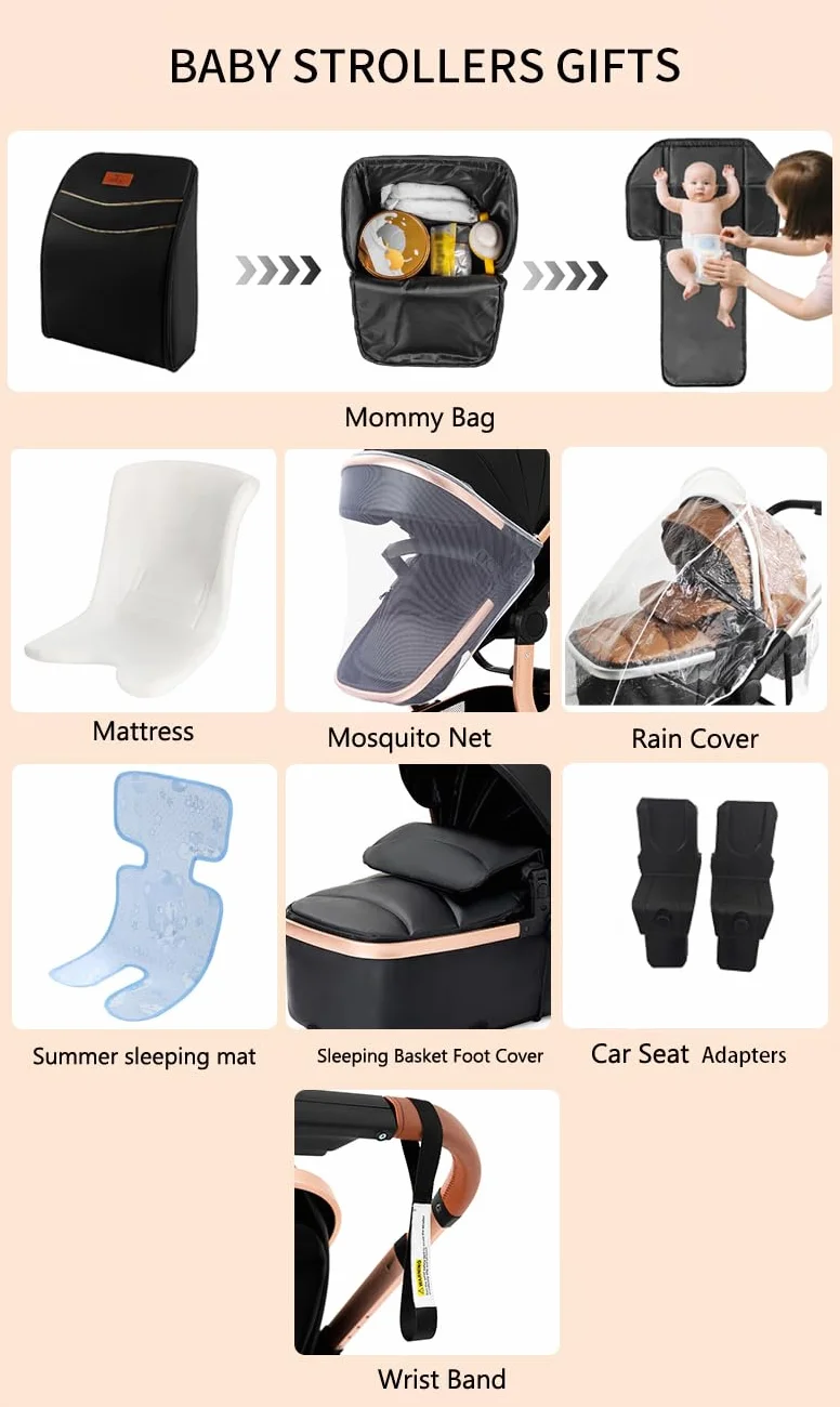 Cuero PU Carrito Bebe 3 en 1, Carrito Bebe con Diseño Portátil Plegable de Un Clic, Carro Bebe 3 Piezas con Empuje Reversible Dos Vías, Cochecito Bebe 3 Piezas con Accesorios (B518 Grey)