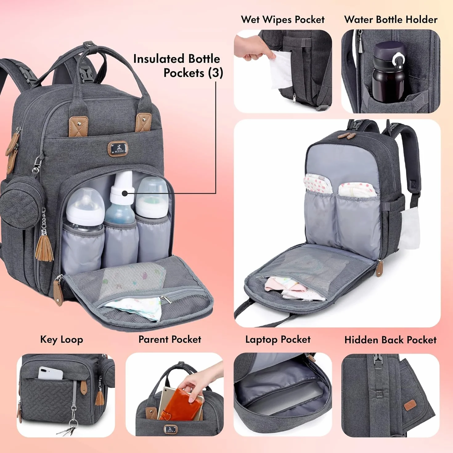 Dikaslon Mochila Cambiador, Mochila Pañalera Grande Bolsas Multifuncionales para Bebés con Cambiador Portátil, Portachupete y Correas para el Cochecito, para Mamá y Papá