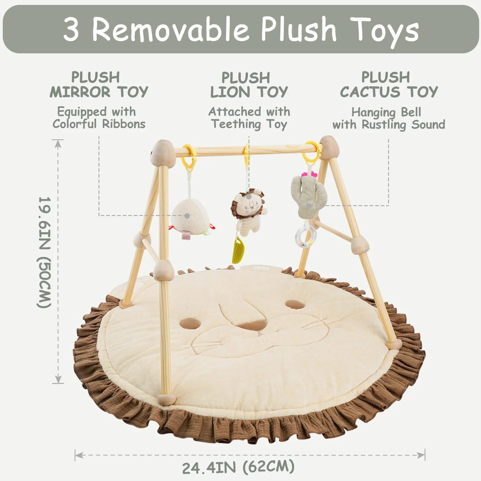 4 IN 1 Gimnasio para Bebé, Alfombra de Juegos con Madera Natural, 3 Juguetes Desmontables para Agarrar, Montessori para 0-3-6-12-36 Meses, León Marrón