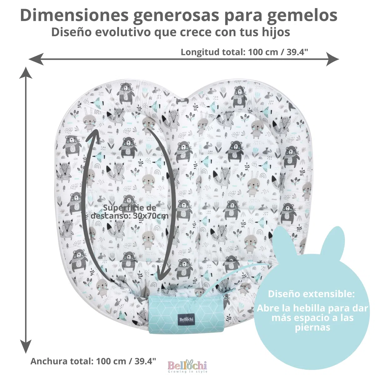 Bellochi Cocoon para Gemelos | Nido para Bebés 100x100 cm | Nido para Cuna | Nido para bebé | Multifuncional animaland