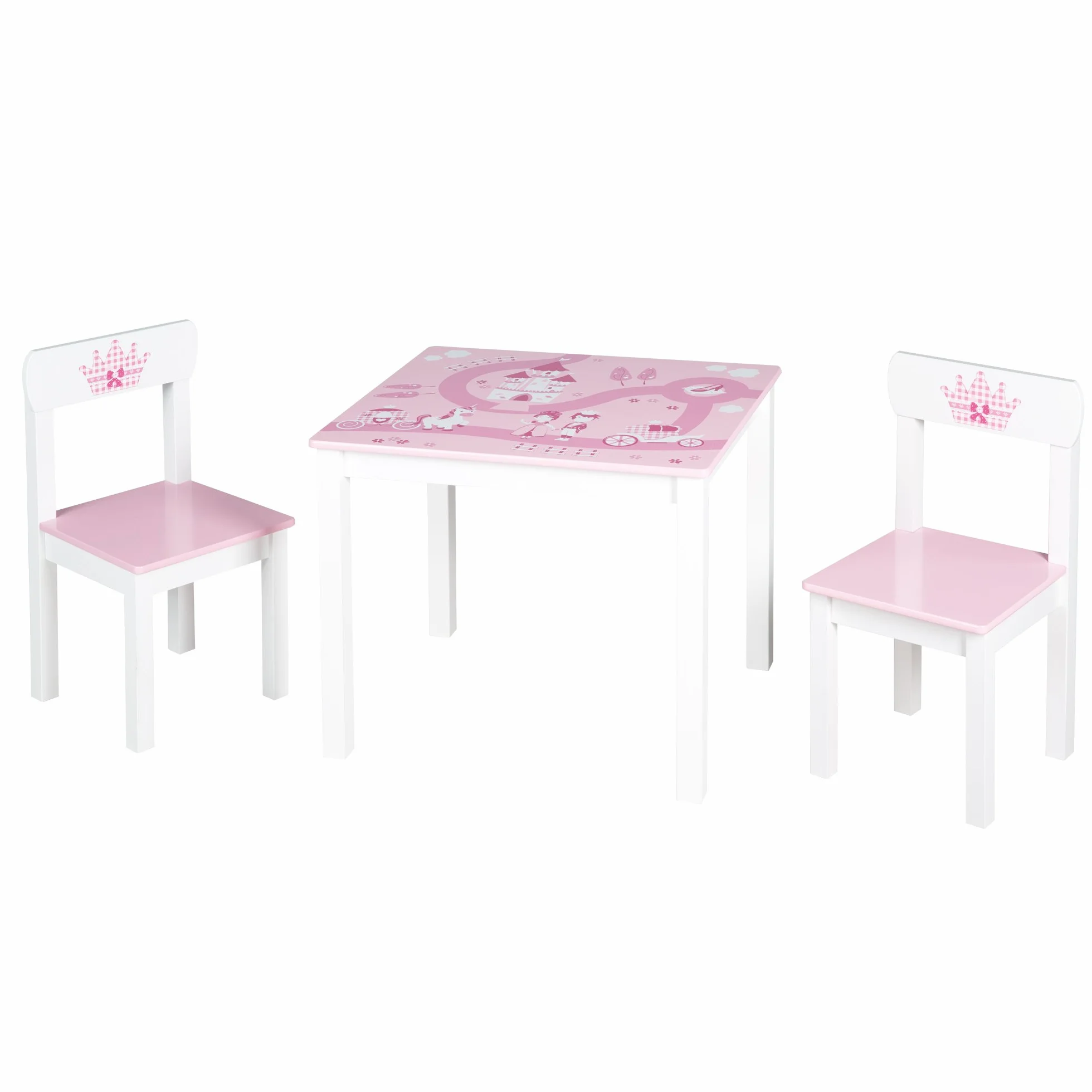 roba Conjunto Mesa + 2 Sillas Infantiles Krone - Diseño de Princesa y Corona - Juego de Muebles - Rosa / Blanco