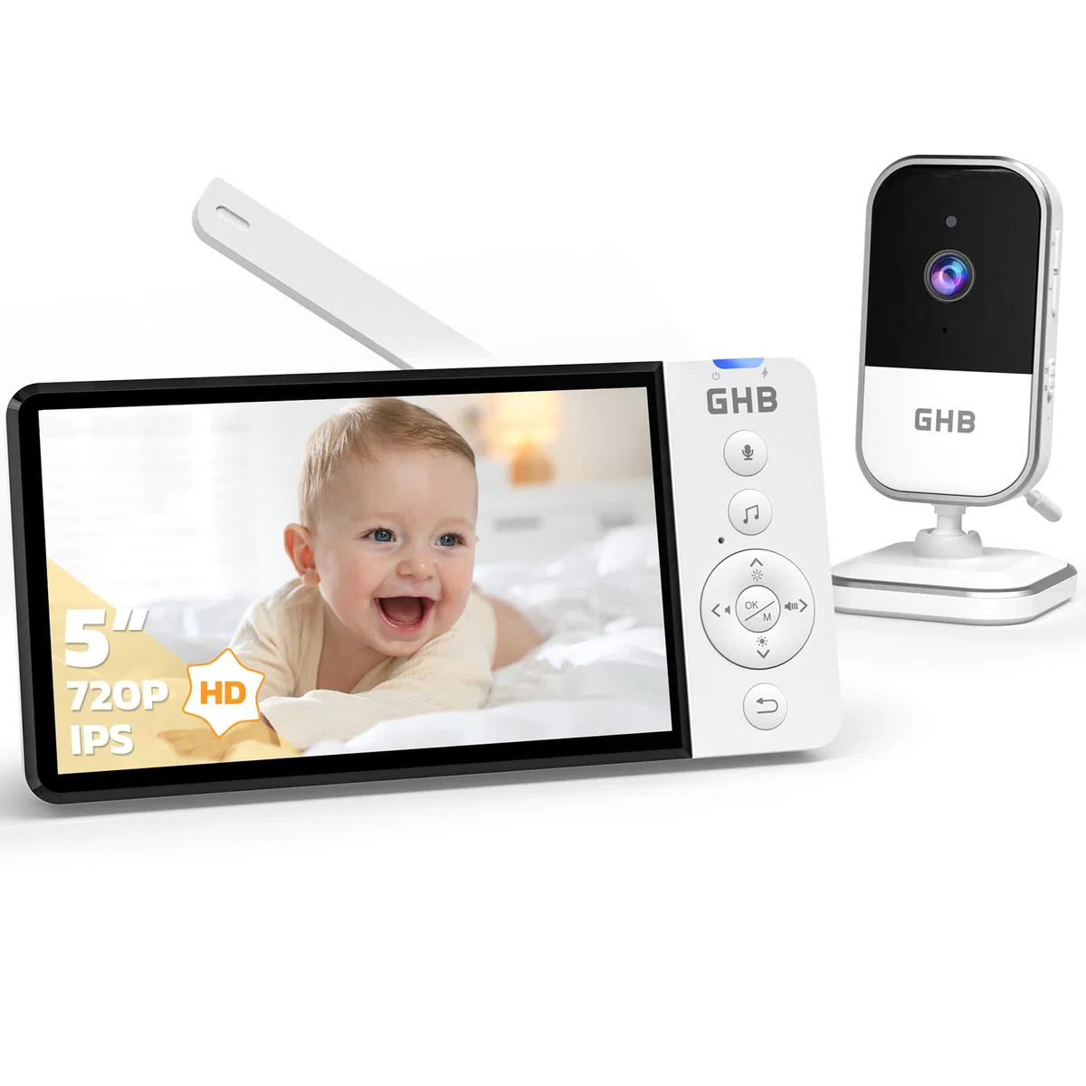 GHB Camara Vigilancia Bebe 5" 720P HD Vigilabebes con Camara con Pantalla IPS de 5000mAh, Visión Nocturna, Comunicación Bidirecciona, Escucha Bebes, Modo de Ahorro de Energía, Zoom 4X