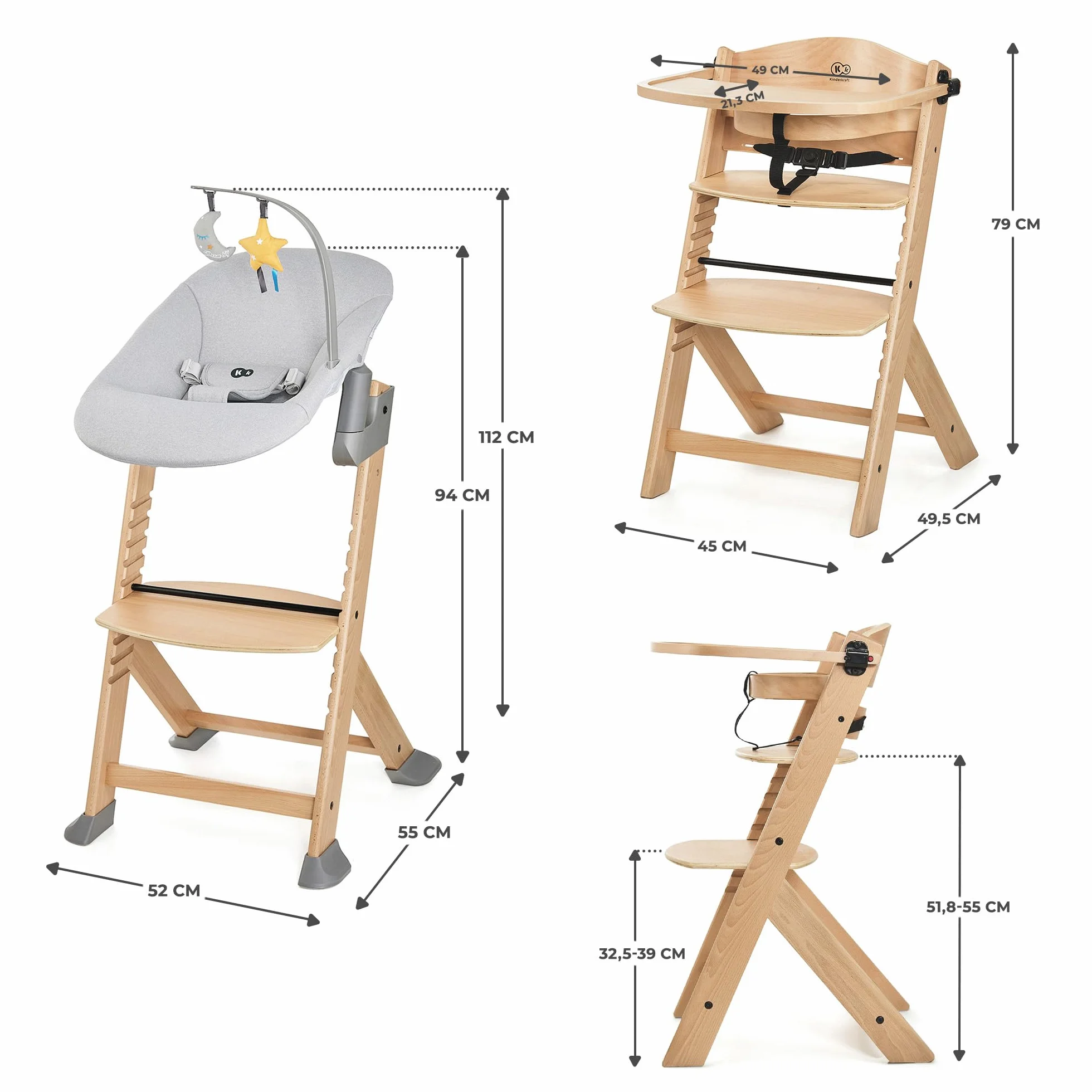 Kinderkraft ENOCK Trona bebé de Madera + Hamaca Bebé CALMEE, Silla alta Infantil Evolutiva Ergonómica, Gris
