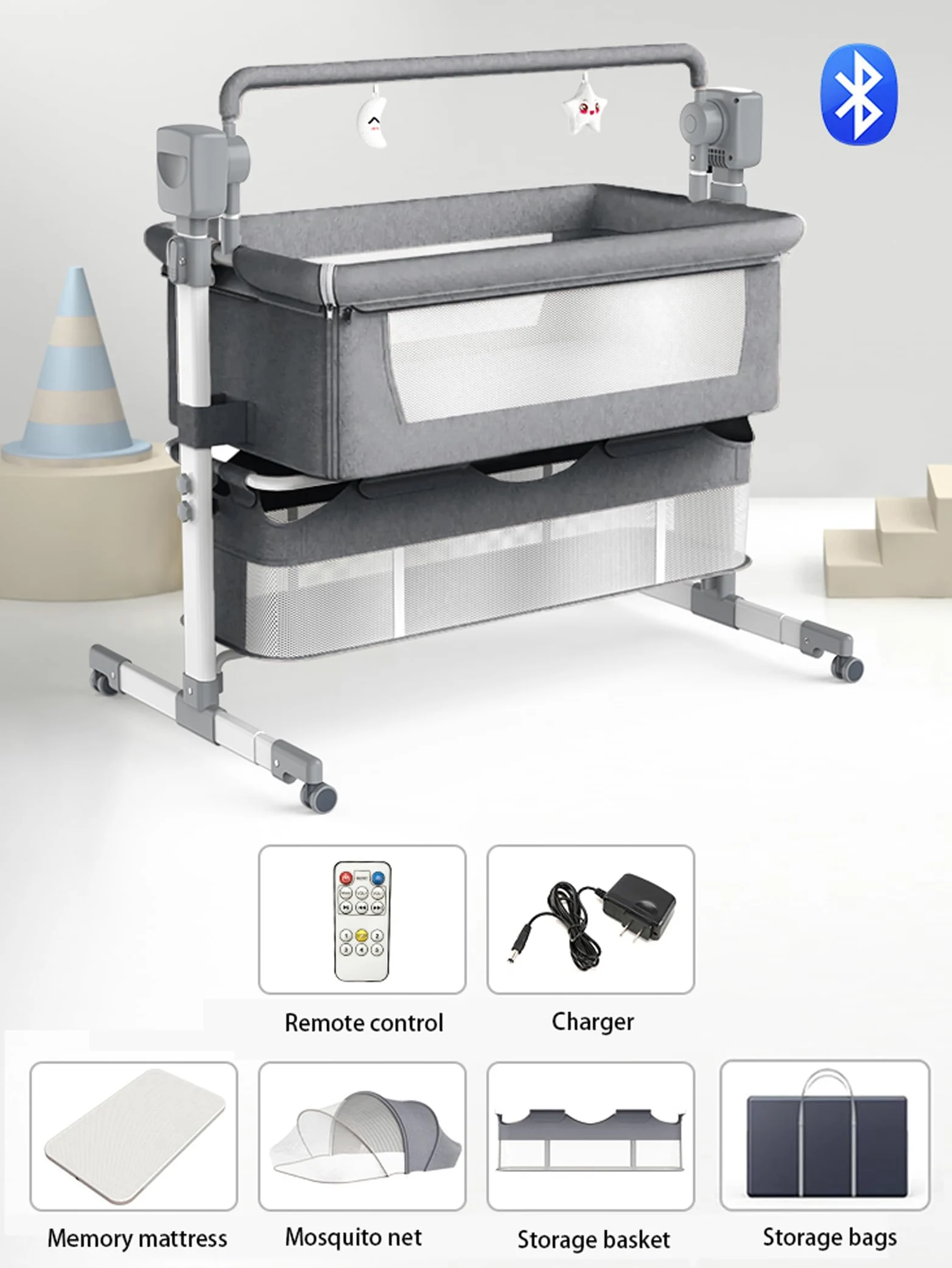 Eléctrico Bluetooth Inteligente Cuna Colecho, Multifuncional Cuna Colecho Bebe, Altura Regulable Minicuna Colechos (601 Mid Grey)