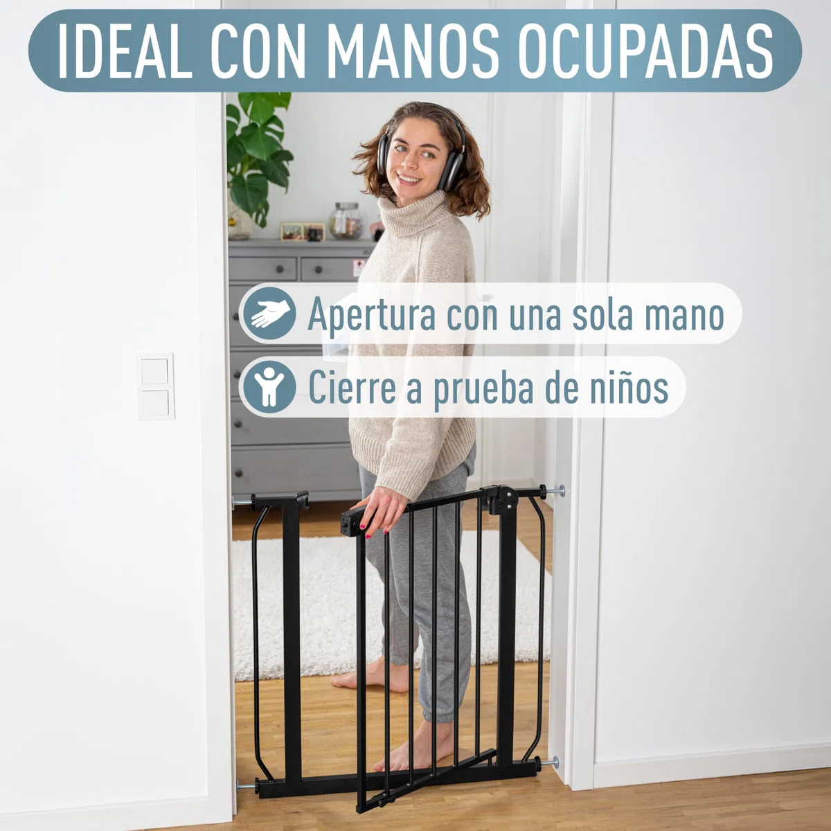 IB STYLE Barrera de Seguridad Berrin - Montaje a Presión, Sin Tornillos, Cierre Automático, Bebés y Niños, Negro, Ancho: 58-66 cm