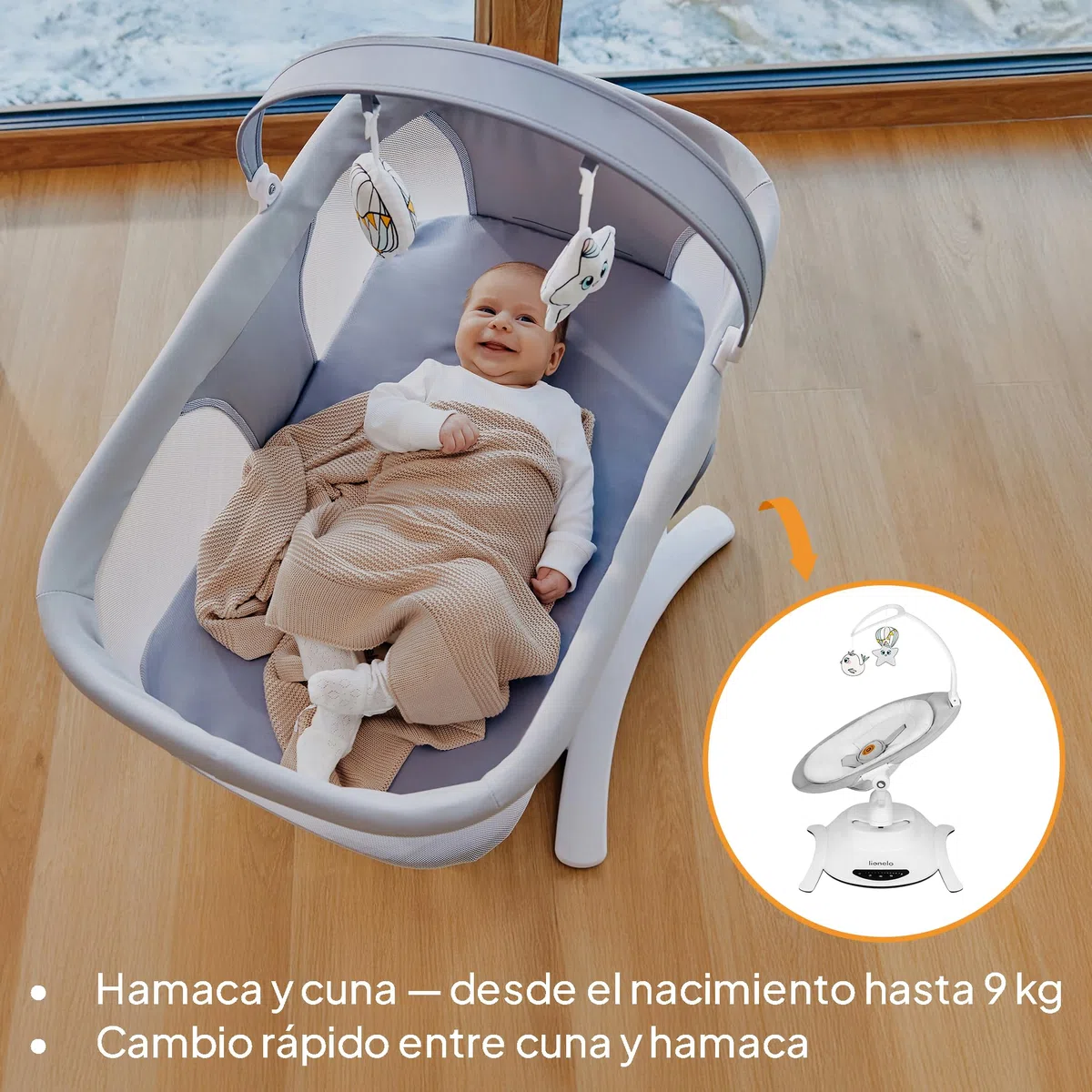 LIONELO Bella Set 2 en 1 - Hamaca eléctrica con capazo 360o para bebés de hasta 9 kg, respaldo reclinable, 5 velocidades de balanceo Cinturón de seguridad antideslizante