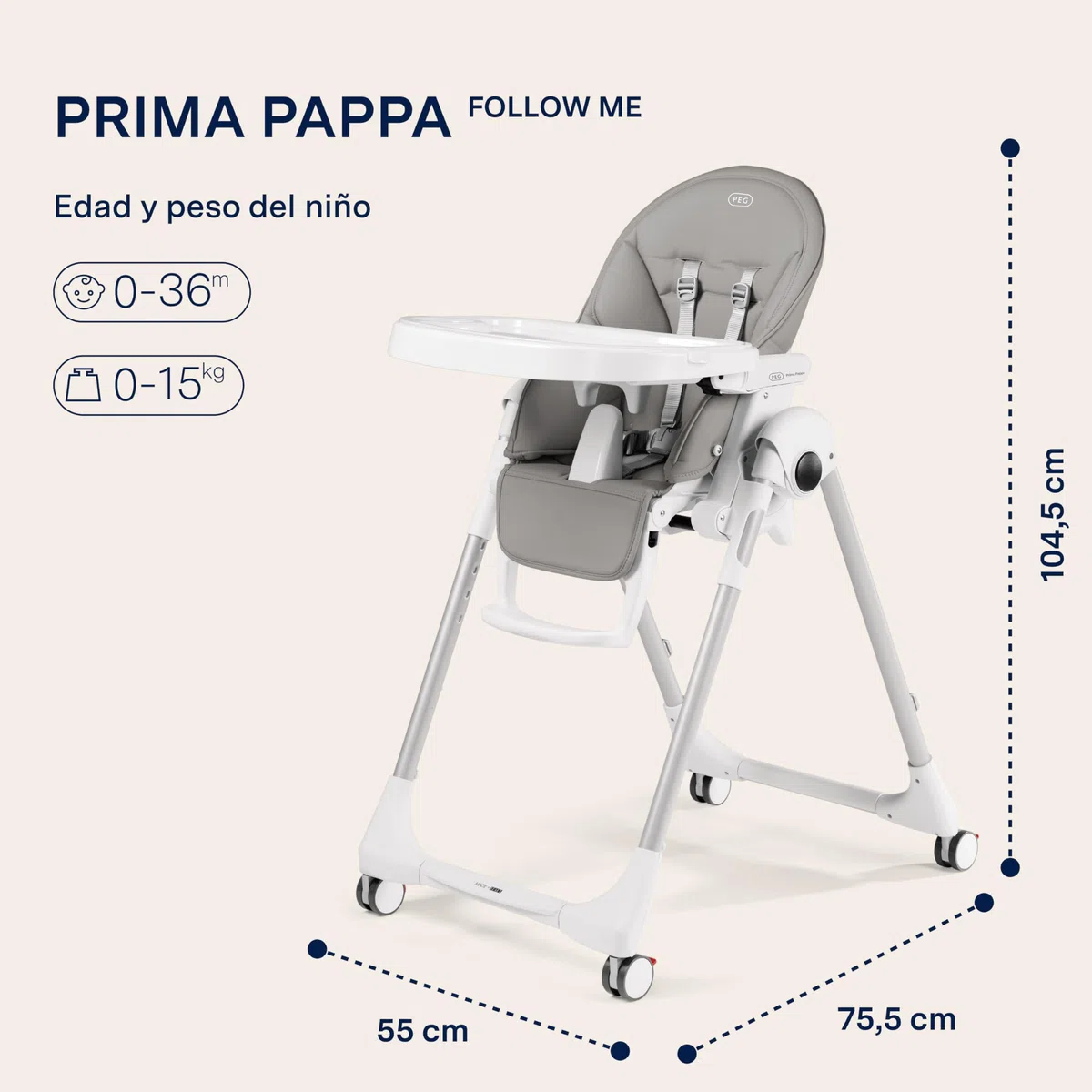 Peg Perego, Prima Pappa Follow Me, Trona, color gris (Ice)