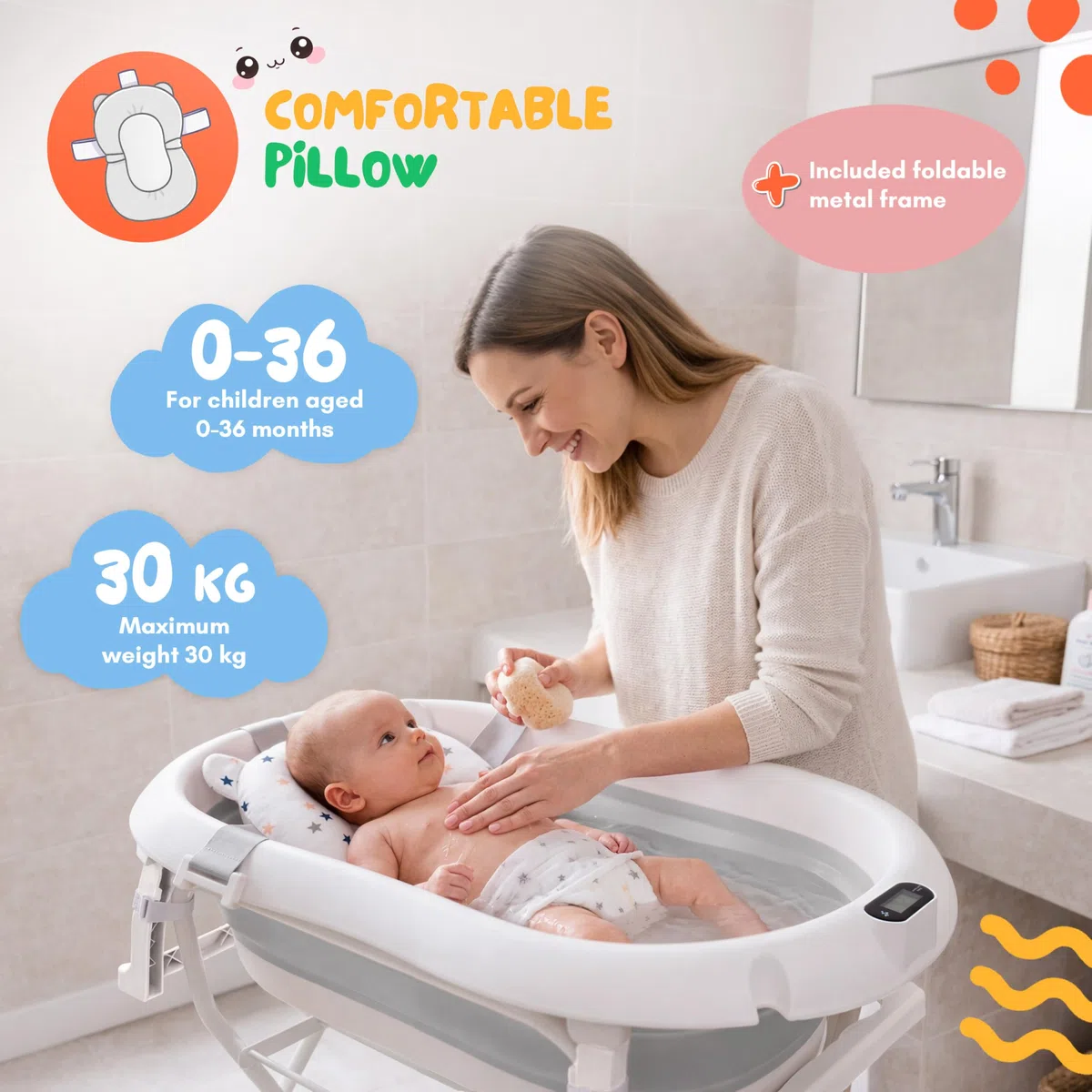 Banheira Bebe con Soporte de 80 cm - Bañera Plegable Bebé con Termómetro y Cojín de Baño - Banheira Bebe con Estructura Segura para tu Bebé - para Recién Nacidos