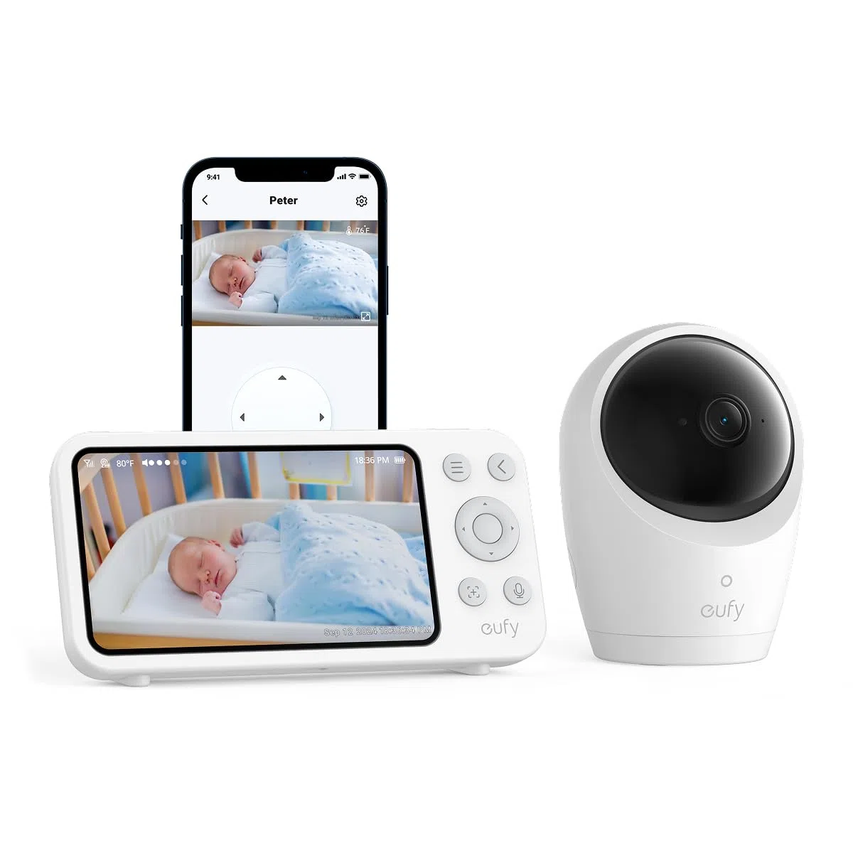 Monitor para bebés eufy E20, resolución 2K, Pantalla de 5'' 720p, conexión híbrida, Control con y sin Wi-Fi, Zoom 4×, visión Nocturna, batería integrada, ANR, alertas Inteligentes, grabación 24/7.