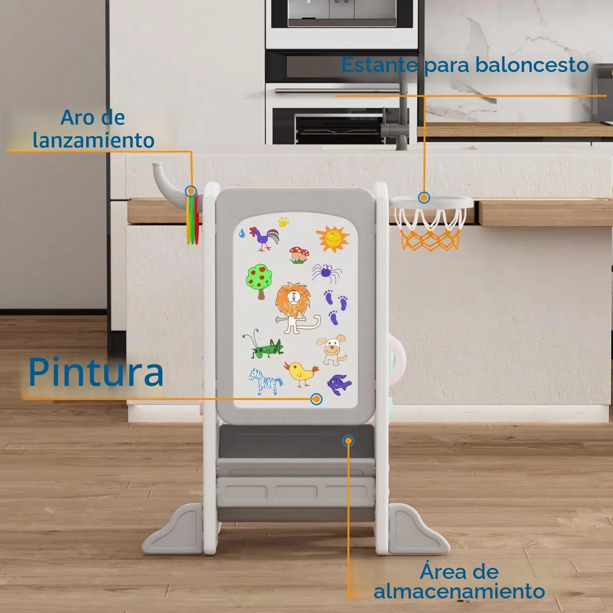 Gupamiga Torre de Aprendizaje Montessori para Infantil, Antivuelco, Regulable en Altura, Peldaños Antideslizantes, con Funciones de Entretenimiento como Pintar, Baloncesto o Lanzamiento de Aros SST-02