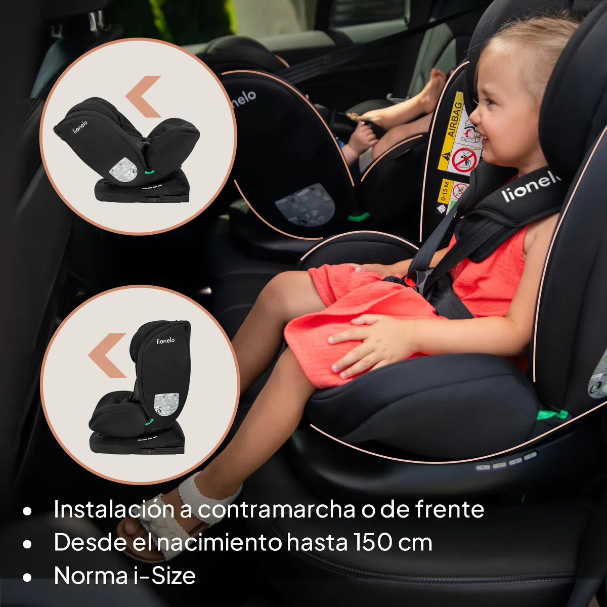 Lionelo Bastiaan i-Size Silla de coche giratoria 360 para niños de 0-36 kg o de 40-140 cm, instalación en sentido de la marcha y en sentido contrario a la marcha, ISOFIX TopTether