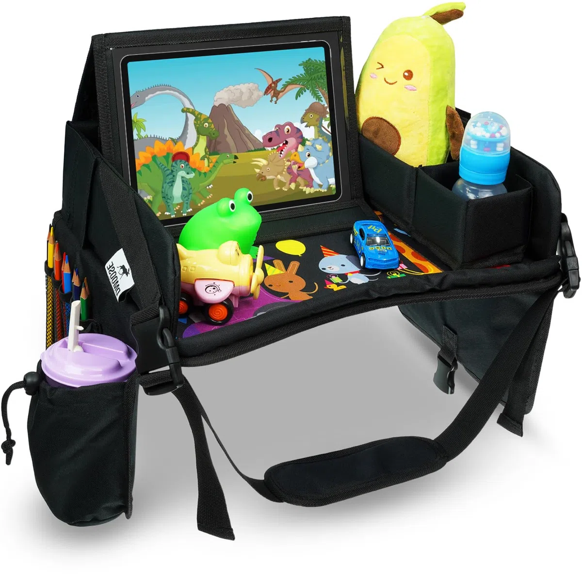 DMoose Bandeja de viaje para niños, bandeja de actividades para asientos de automóvil con base acolchada y cómoda, paredes laterales, bolsillos malla para aperitivos, soporte para tableta, cochecito