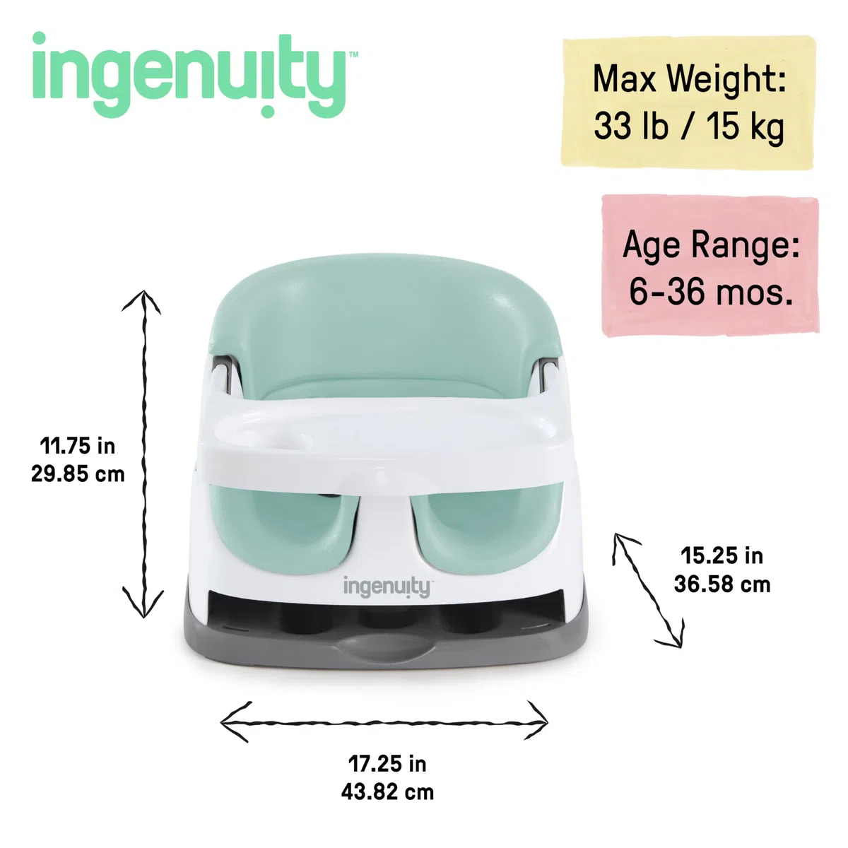 Ingenuity, Alzador de Asiento y Elevador de Viaje, Apta para Bebés y Niños para Comer, arnés de seguridad de 3 puntos, silla portátil, fácil de limpiar, a partir de 6 meses, Verde