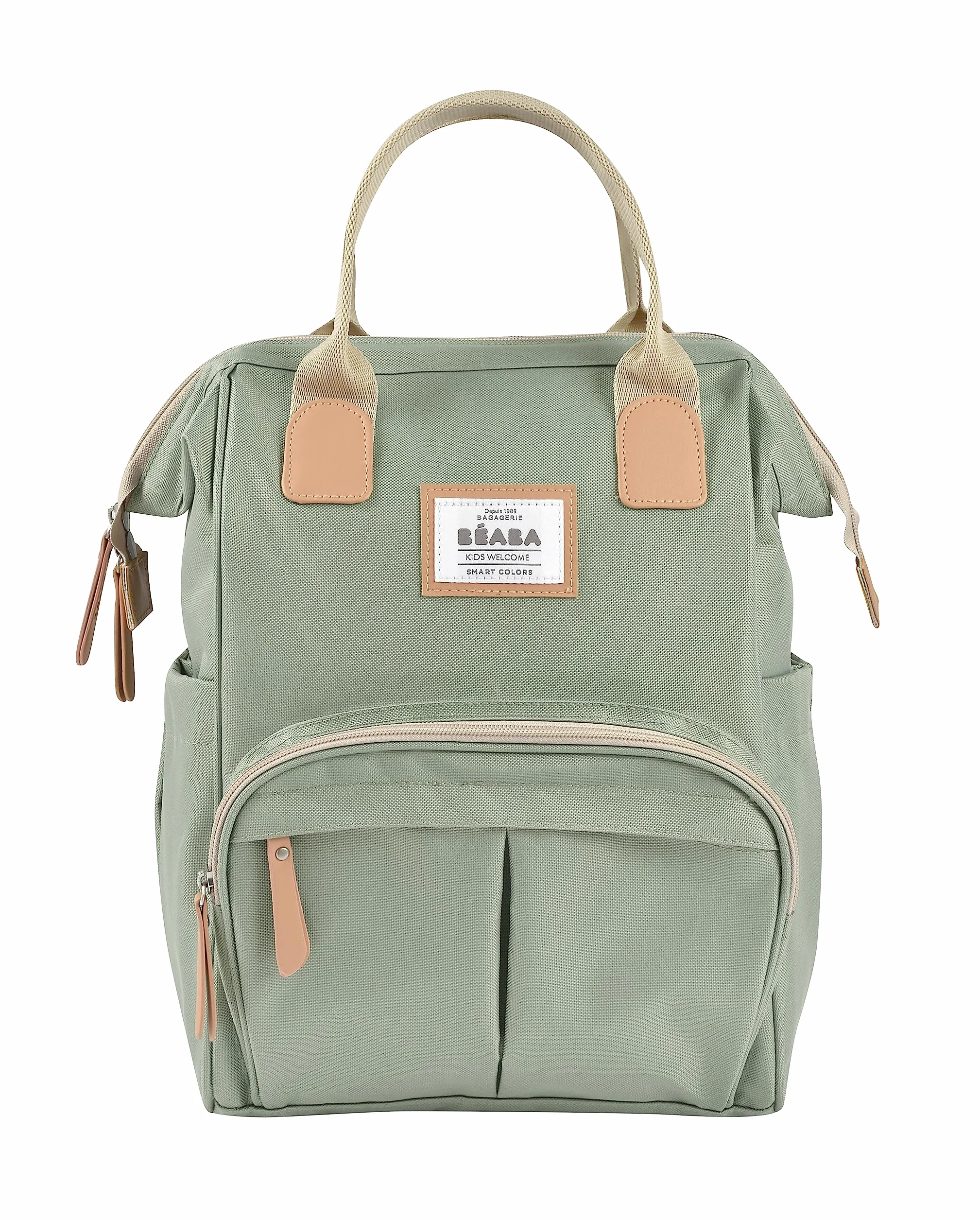 BÉABA, Mochila Cambiador Bebé, Gran Capacidad de Almacenaje, Múltiples Bolsillos, Cambiador Incluido, Gran Apertura, Bolsillos Aislantes, Bolsa de Viaje Multifuncional, Bolsa Wellington, Verde Salvia