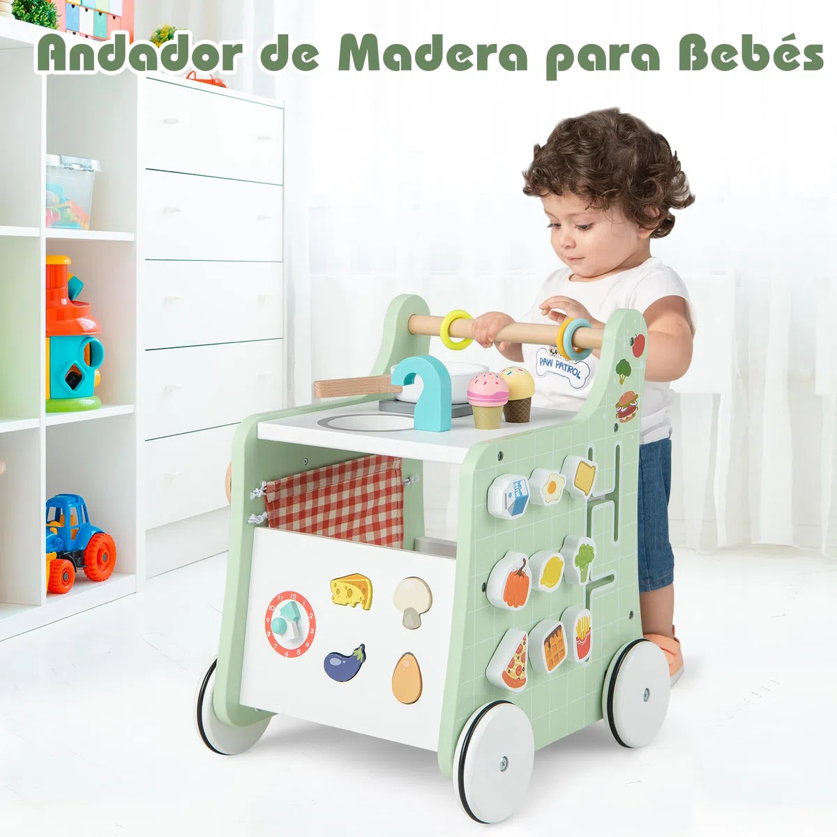 COSTWAY Andador Bebes de Madera 6 en 1, Carrito de Madera para Bebés, Centro de Actividades de Aprendizaje para Empujar y Jalar para Bebés con Cocina, Reloj, para Bebés de 12+ Meses (Verde)