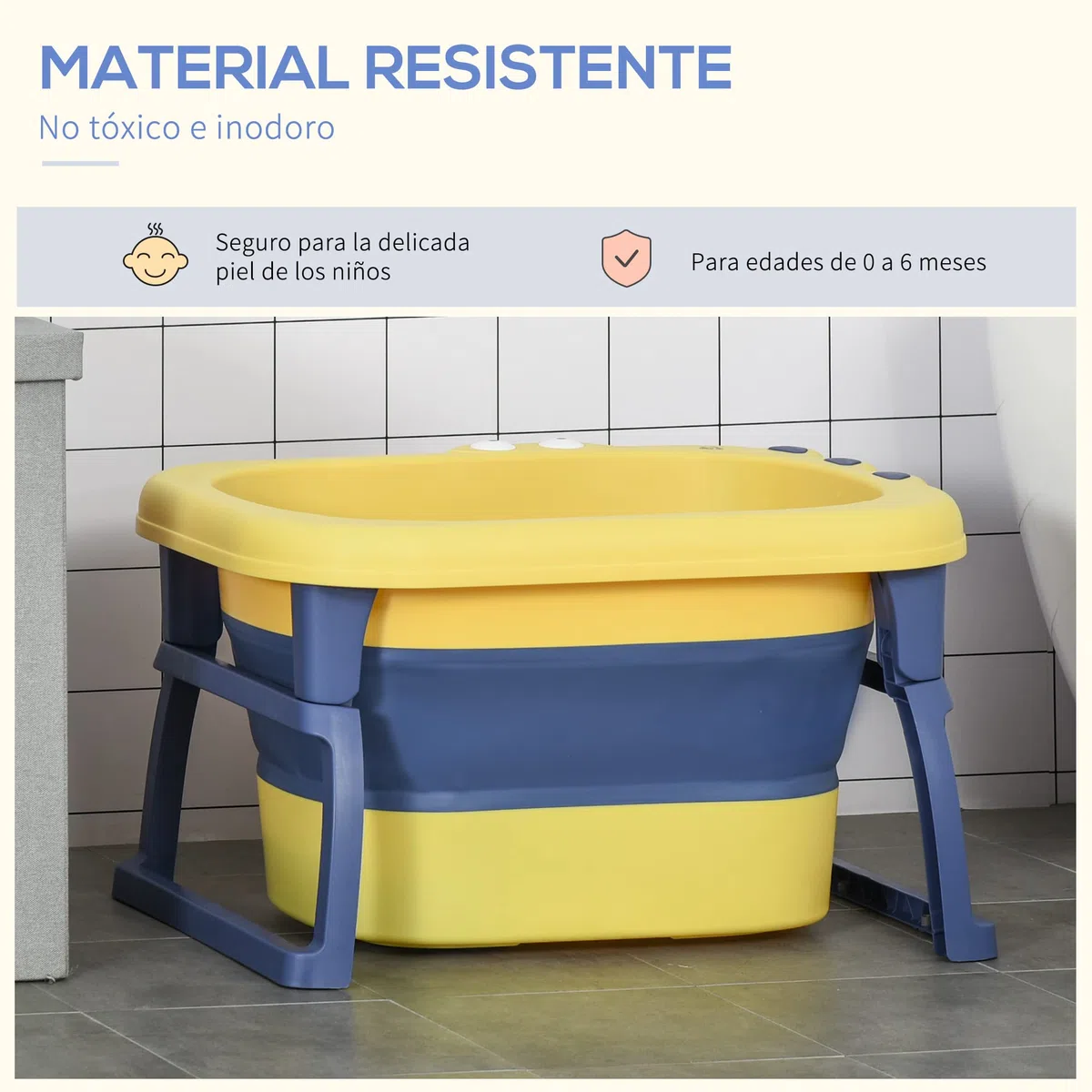 HOMCOM Bañera Plegable para Bebé de Recién Nacidos hasta 6 Años Bañera Portátil para Niños con Patas Antideslizantes 105L Amarillo y Azul