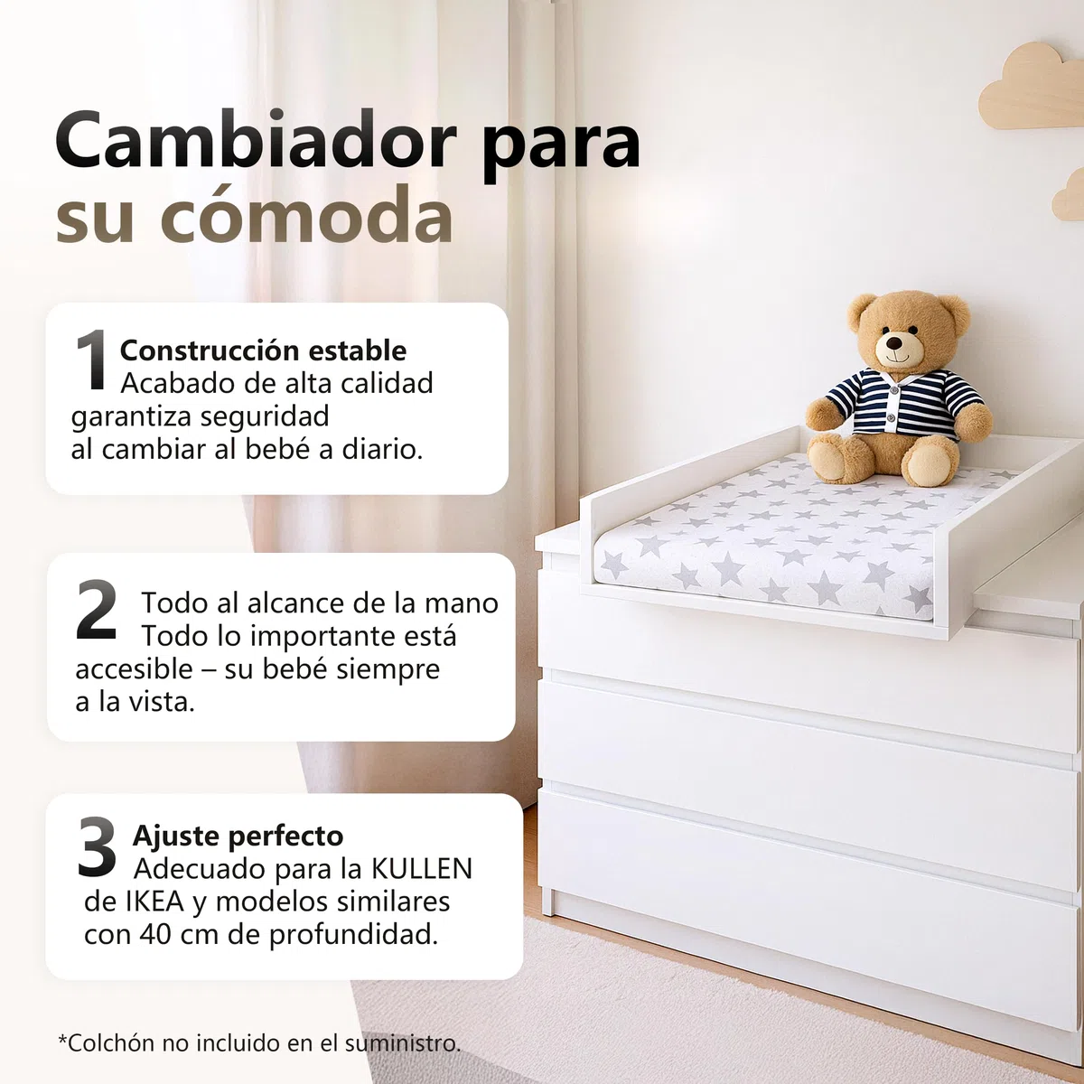 Cambiador para Kullen, Accesorio para Cambiador para Cómodas de 40 cm, Accesorio Desmontable para Cambiador, Paneles Frontales Redondeados, Roble, 72 cm x 54 cm