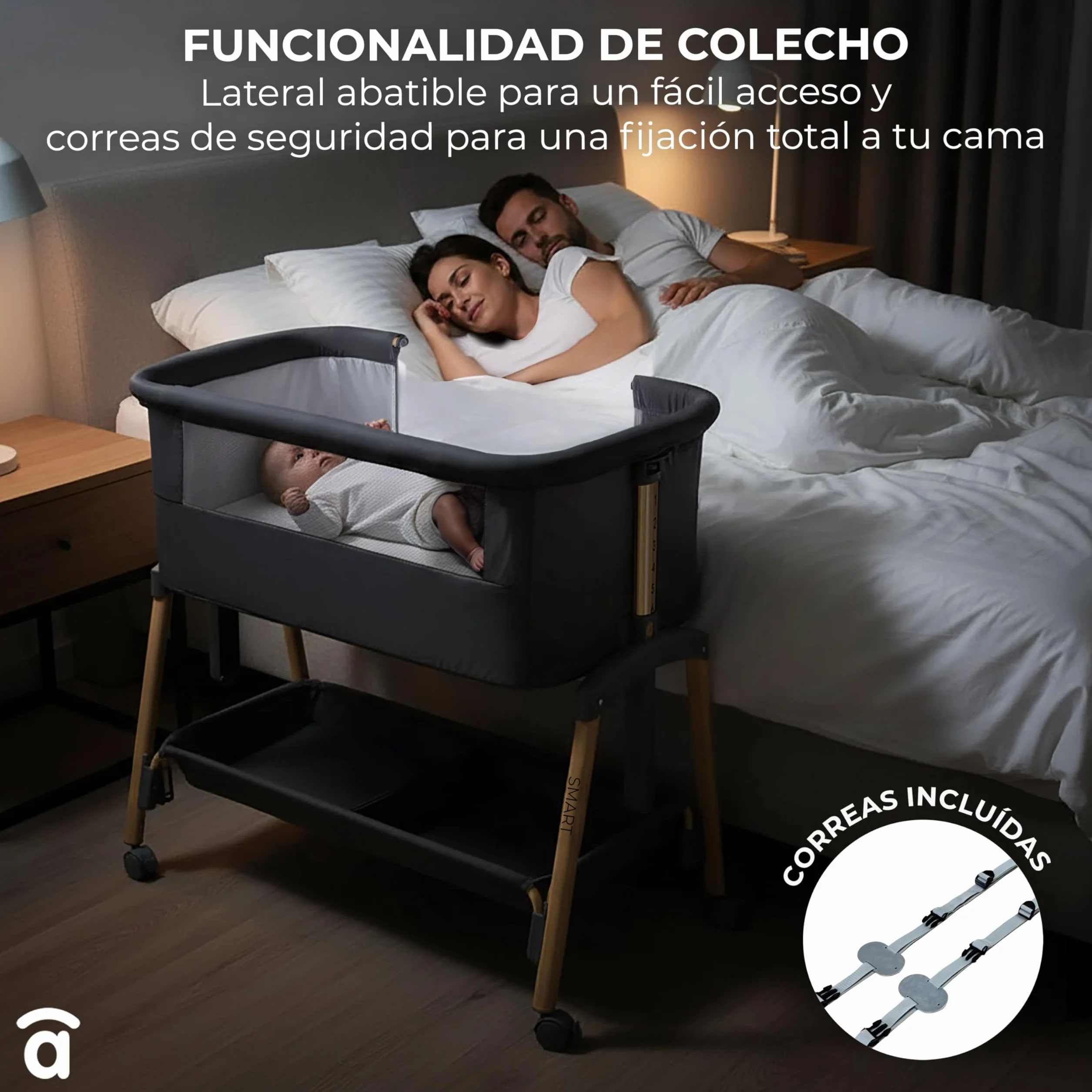 Asalvo Smart Minicuna Colecho Bebé 2 en 1 – Cuna Colecho con 7 Alturas Regulables, Ruedas con Freno, Colchón Incluido