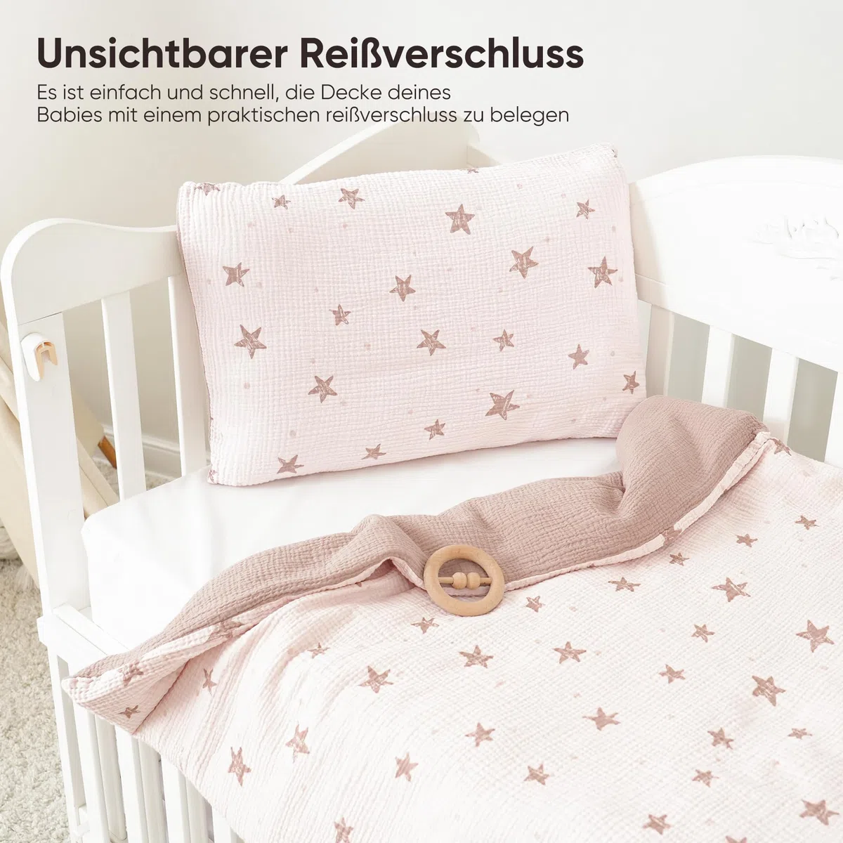 Susurration Ropa de Cama Infantil de Muselina, 100 x 135 cm, Funda de Almohada de 40 x 60cm, 100% de Algodón, Ligera y Cómoda, Juego de Ropa de Cama para Bebés y Niños(Estrellas Rosas)