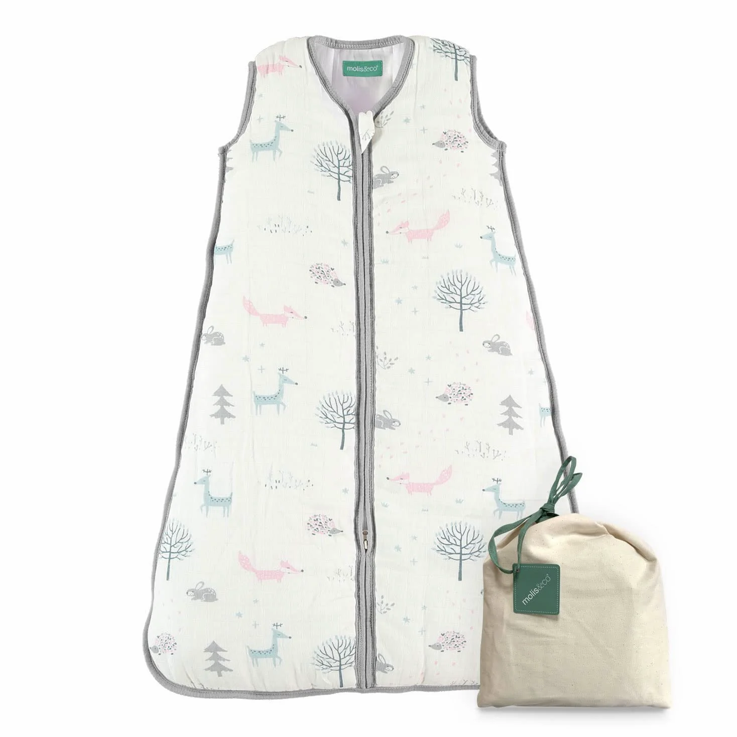 molis&co - Saco de Dormir para bebé 2.5 TOG - 60 cm (0 Meses) - Ideal para Invierno - Muselina Premium - Acolchado, Suave y Cálido - Forest