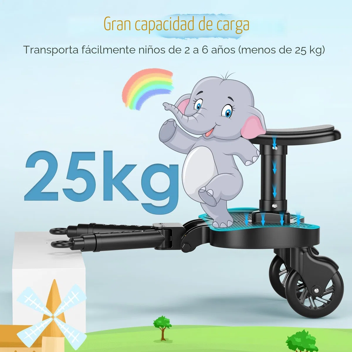 Patin Carro Bebe Universal con Asiento,Buggy Board portátil para niños,Diseño estable de dos ruedas,con correa de suspensión, Accesorio para cochecito para niños de 2 a 6 años (25 kg)
