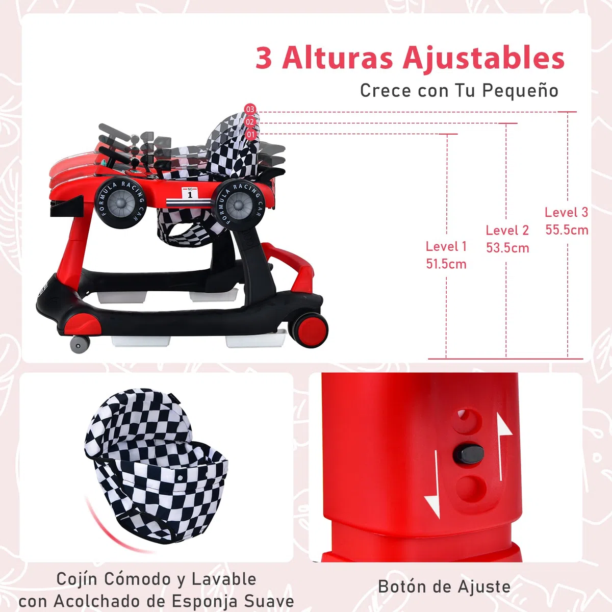 RELAX4LIFE 4 en 1 Andador para Bebés 6-18 Meses, Andador Plegable con Altura Regulable en 3 Niveles, Tacatá Bebés con Luces, Sonidos y Velocidad Controlable, 64 x 73 x 50,5-55,5 cm (Rojo)