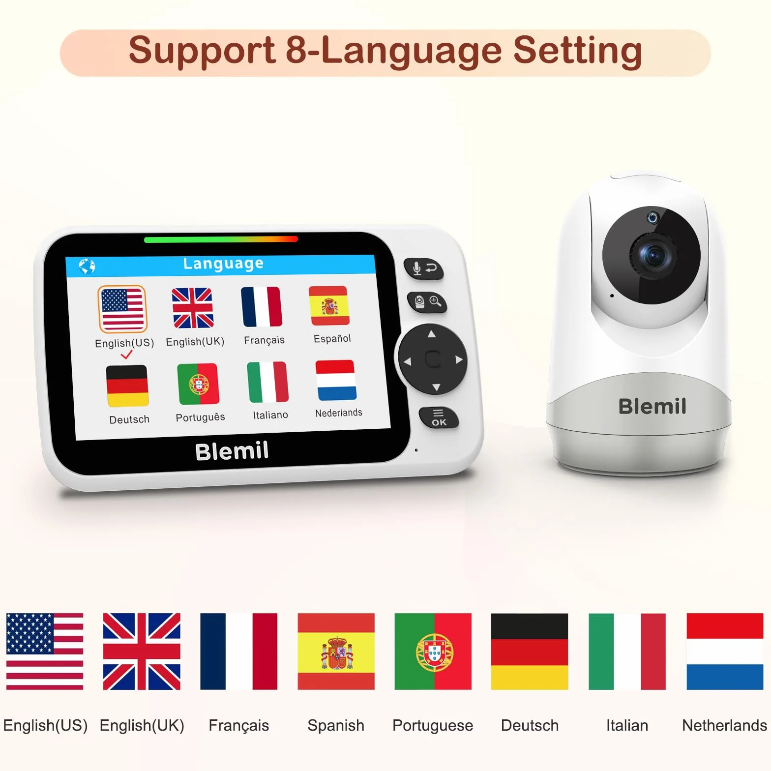 Blemil Monitor para bebés con batería de 30 Horas, Monitor para bebés de vídeo de Pantalla Grande de 5 Pulgadas con cámara y Audio, visión Nocturna, lulabies, sin WiFi