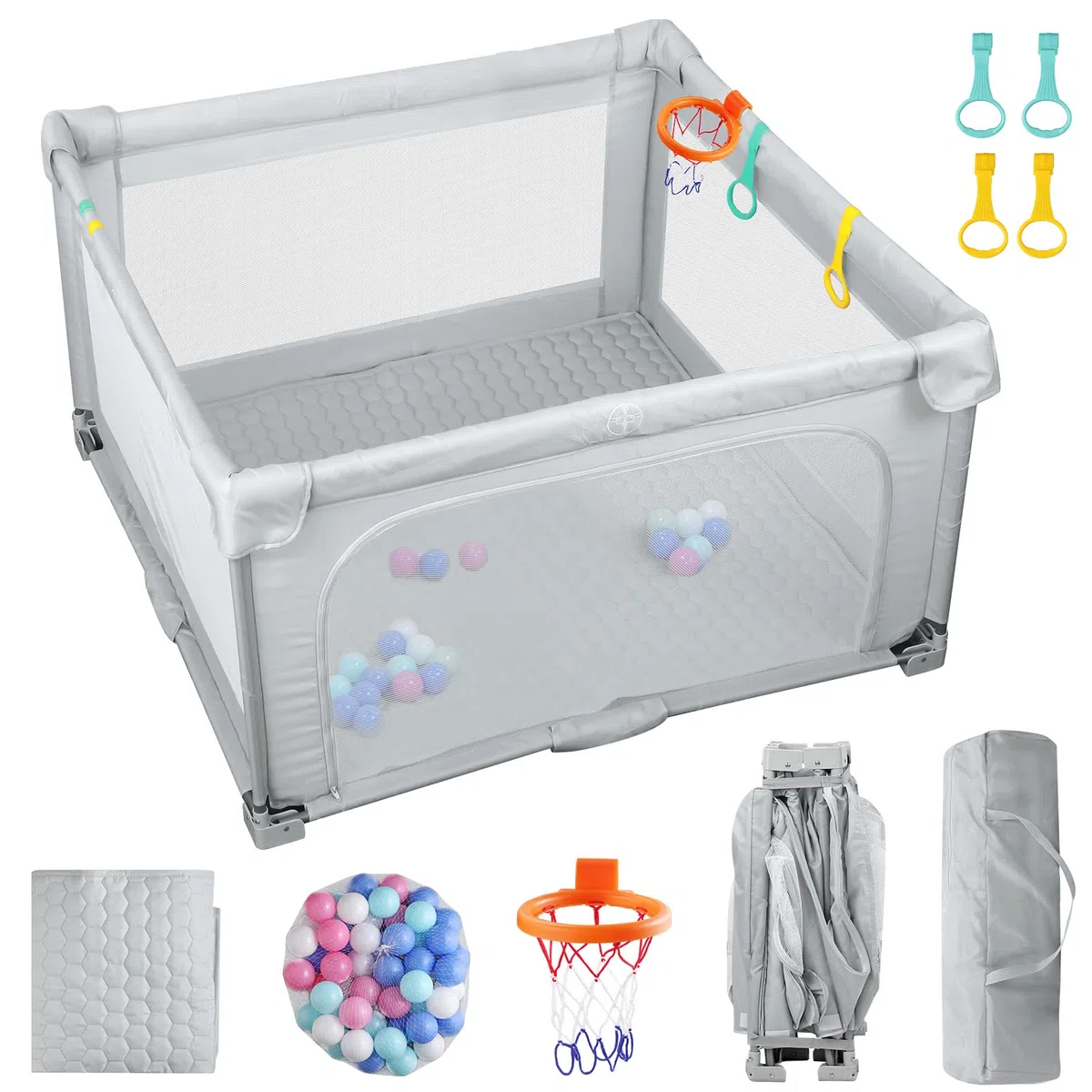 eSynic Parque Infantil Bebé Plegable 150x150 cm Corralito Bebé Grande con Colchoneta Centro de Actividades Playpen con Malla Transpirable Pelotas Canasta Uso Interior Exterior Portátil Gris