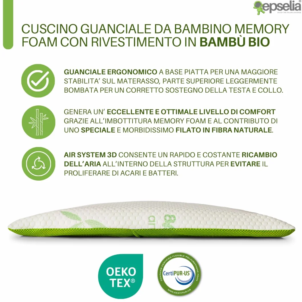 EPSELIA - Cojín para cuna para niños de espuma viscoelástica de bambú ecológico, 60 x 40 x 6 cm, antiasfixia, ergonómico, hipoalergénico y transpirable, tejido Air 3D, cojín para guardería o viaje
