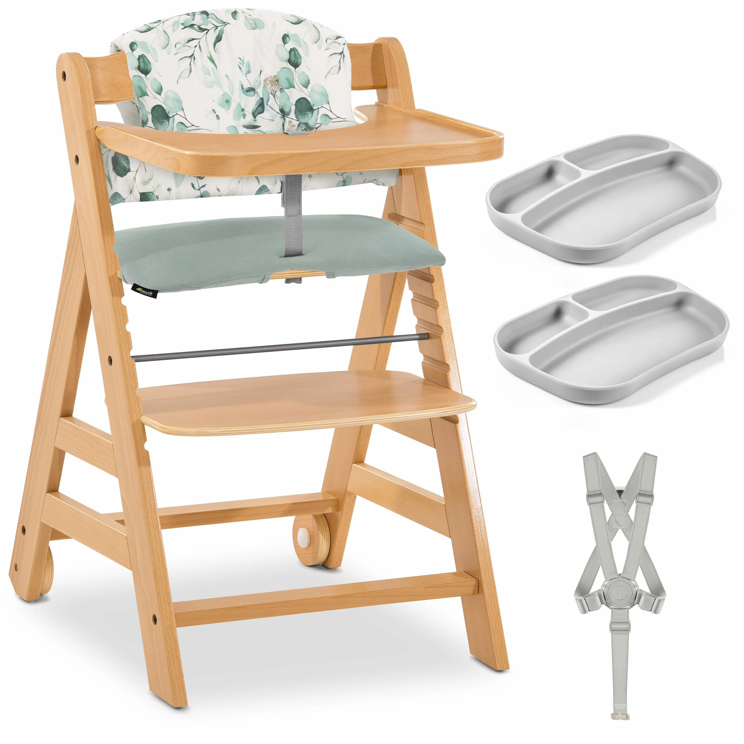 hauck Alpha Plus Move Set de Tronas de Bebe de Madera con Bandeja - Cojín y 2 Platos de Silicona - Silla Evolutiva con Ruedas - Natur/Leaves Mint