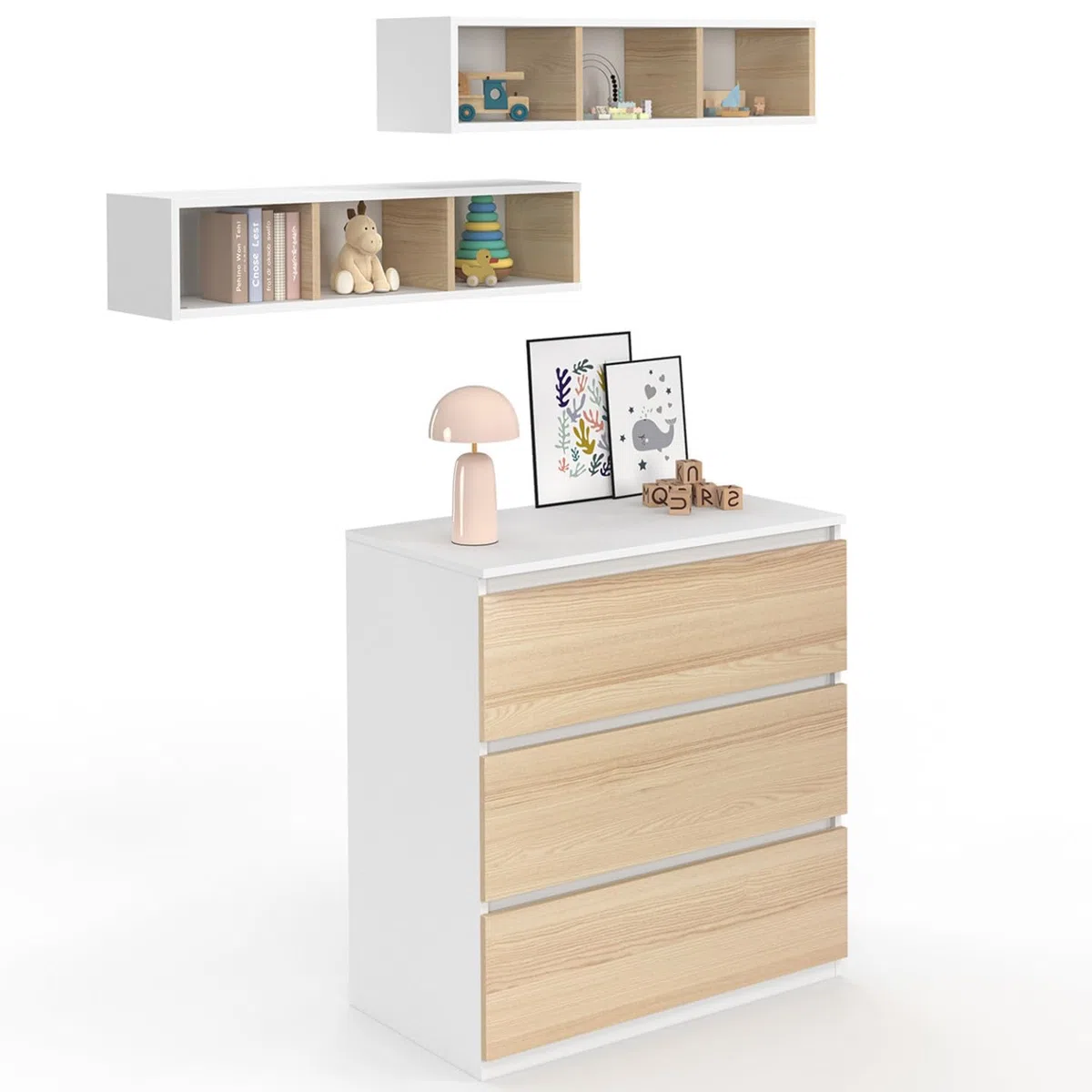 IDMarket - Cómoda Cambiador Evolutiva Ámbar estilo haya y Blanco de 3 cajones con Mesa Cambiador y 2 estantes extraíbles