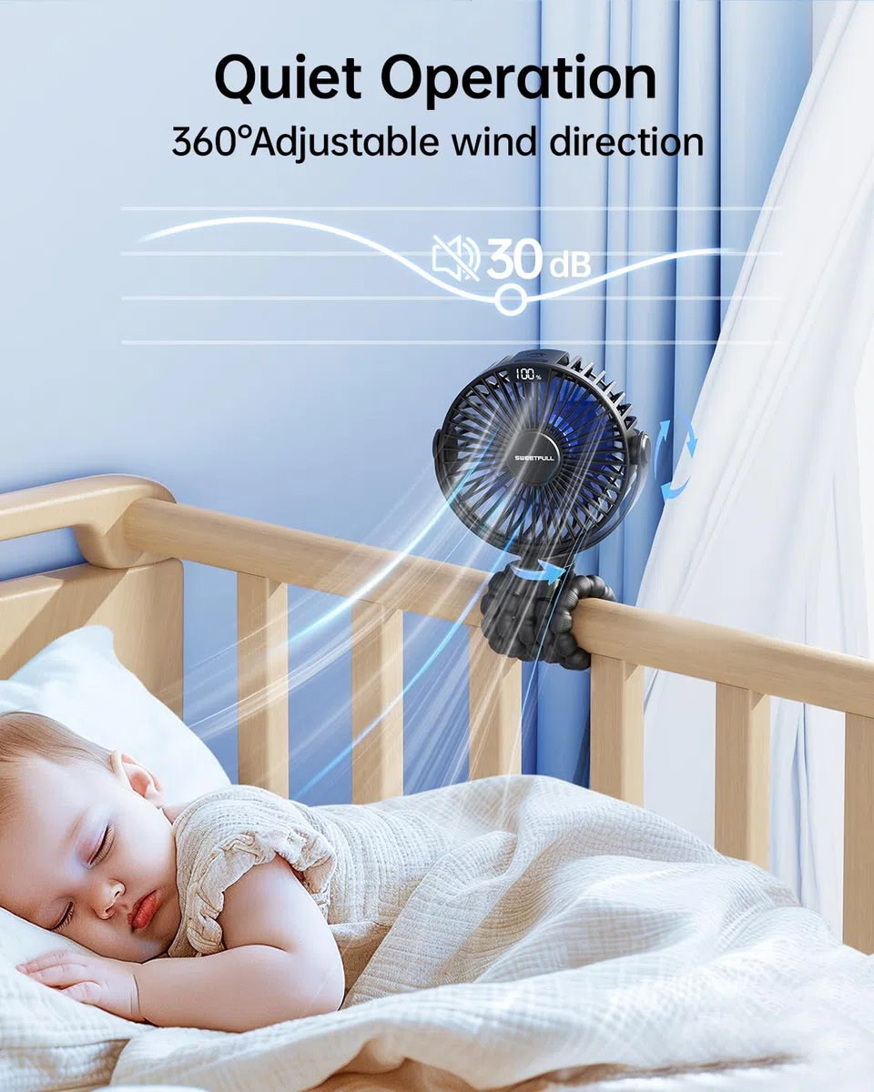 SWEETFULL Ventilador de cochecito de bebé, ventilador de cochecito de 6000 mAh, funciona con pilas, portátil, asiento de coche, bicicleta, viajes