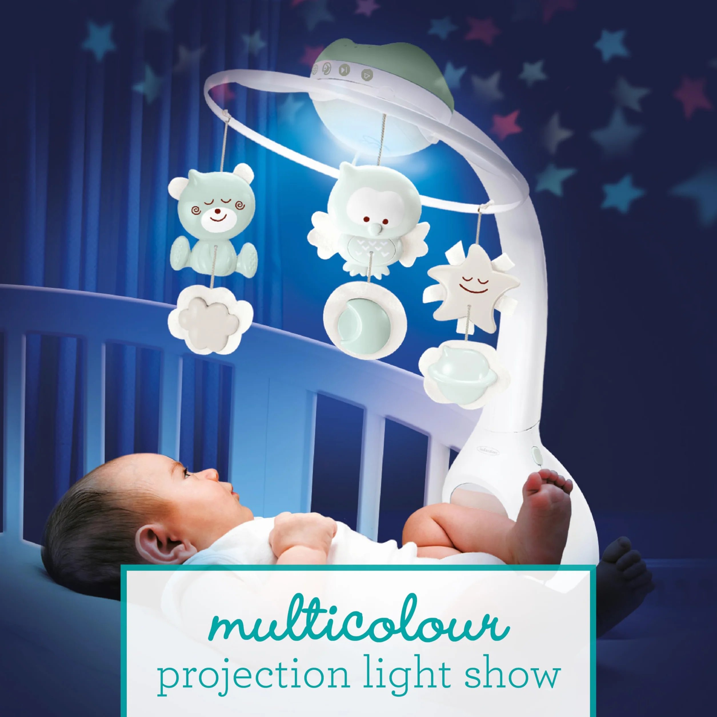 Infantino Proyector Musical Móvil 3-en-1 Convertible, Luz Nocturna y Proyector Infantil para Cuna, 6 Melodías & 4 Sonidos de la Naturaleza, Salvia
