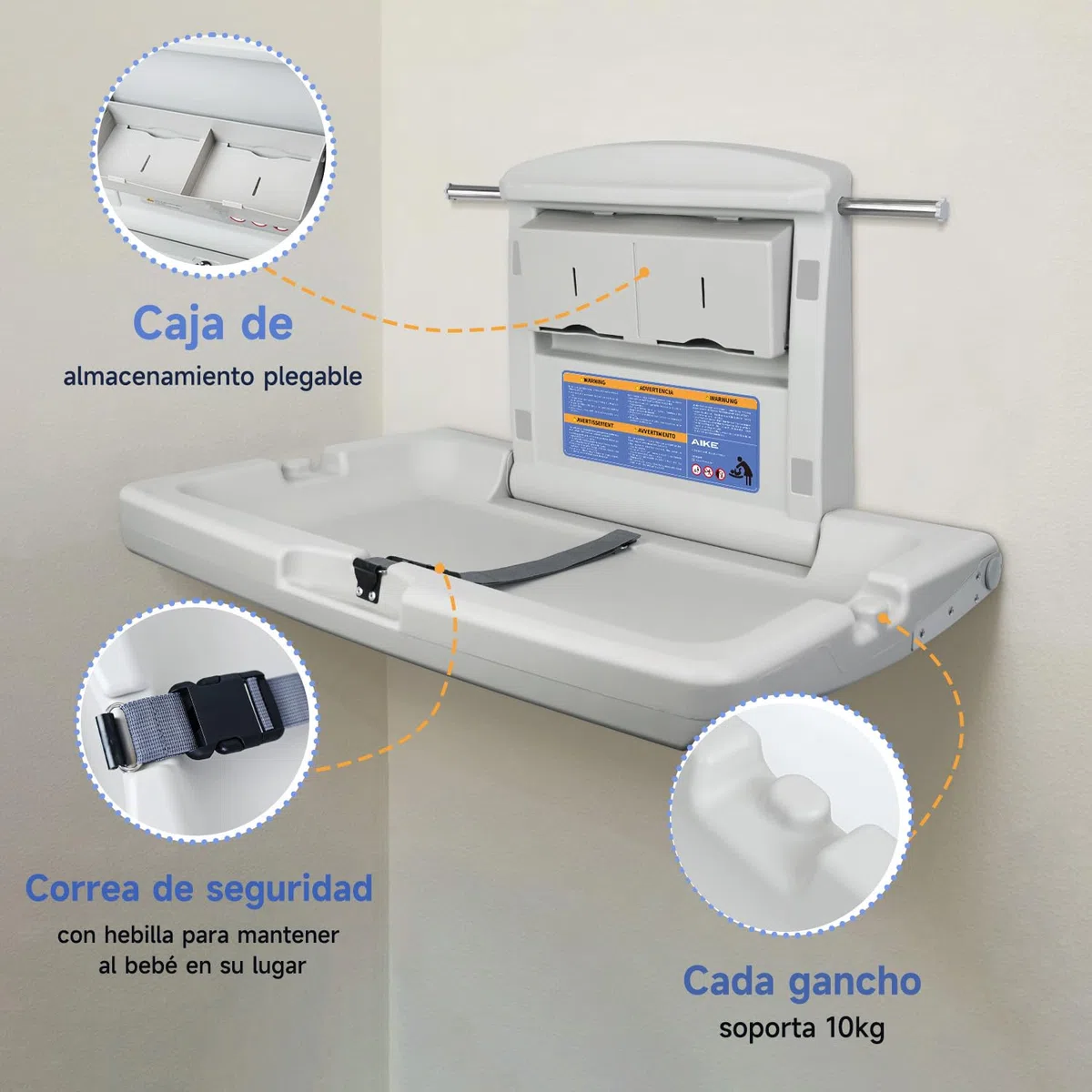 AIKE Unidad de Cambio para Bebé Comercial, Horizontal de Pared Plegable, Conforme a CPC, (Blanco Grisáceo)