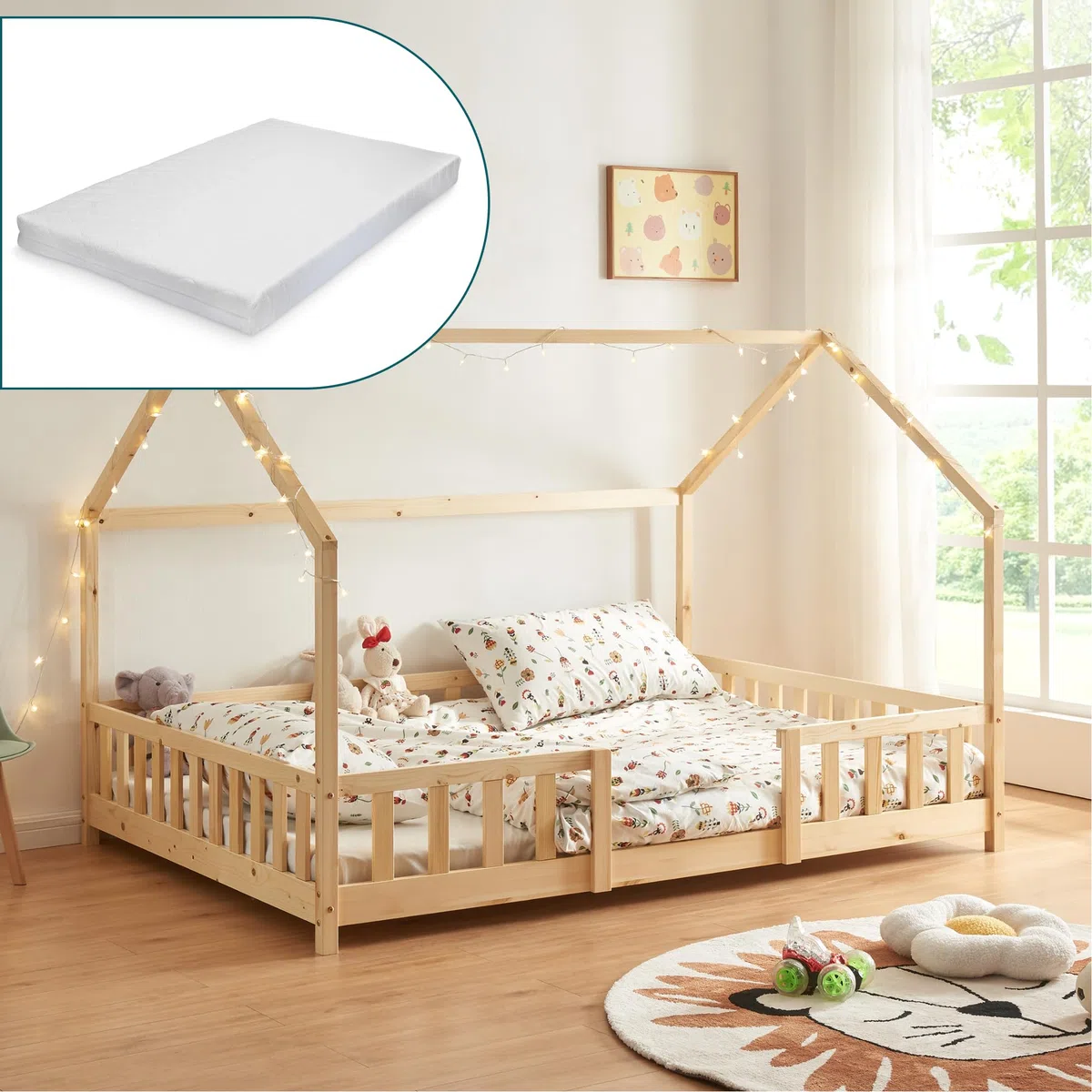 [en.casa] Cama para Niños de Madera Pino Sisimiut con Colchón Espuma Fría 120 x 200 cm Cama Infantil con Reja Protectora Somier Forma de Casita - Pino Natural